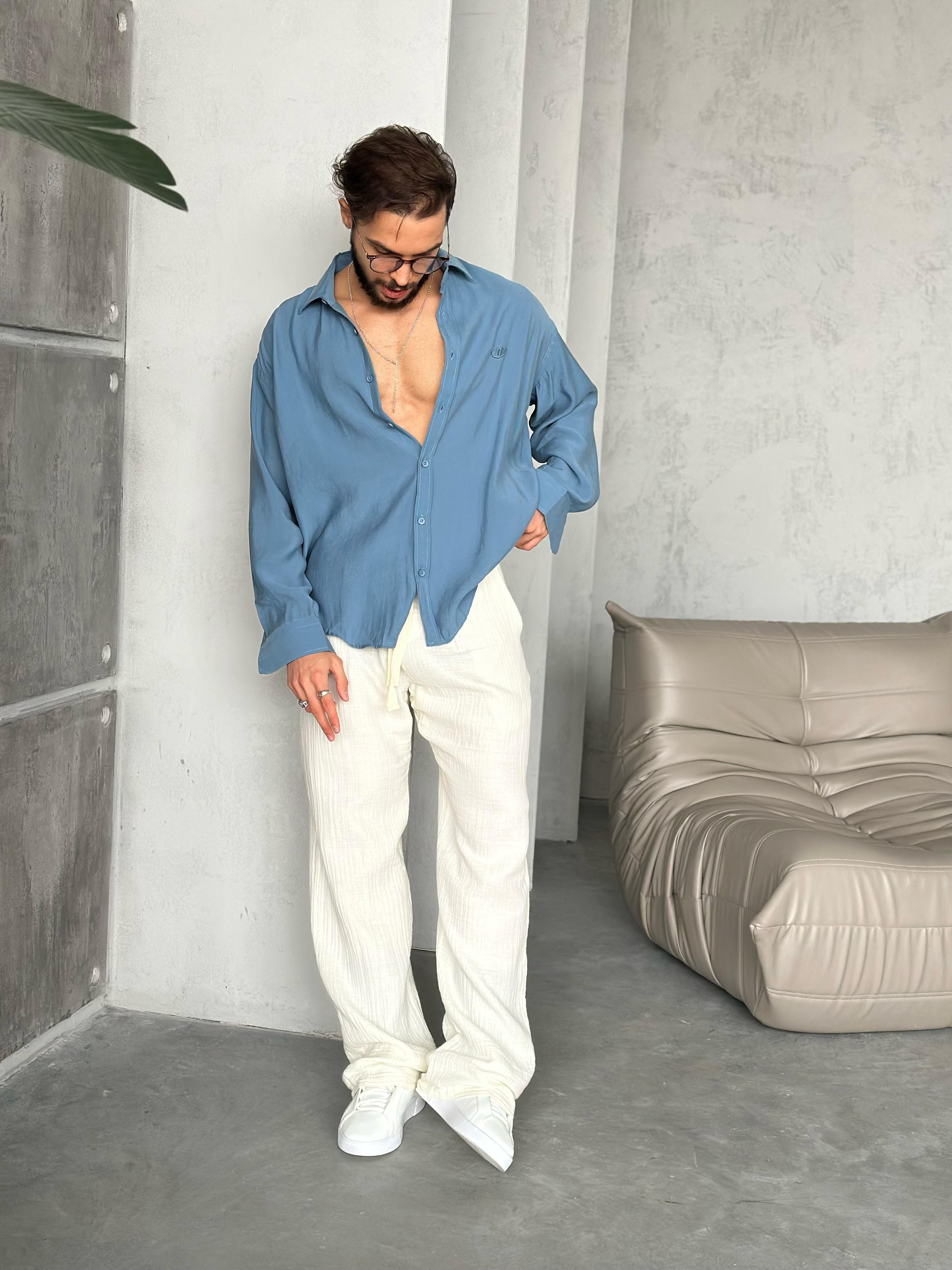Modal Kumaş Oversize Gömlek indigo