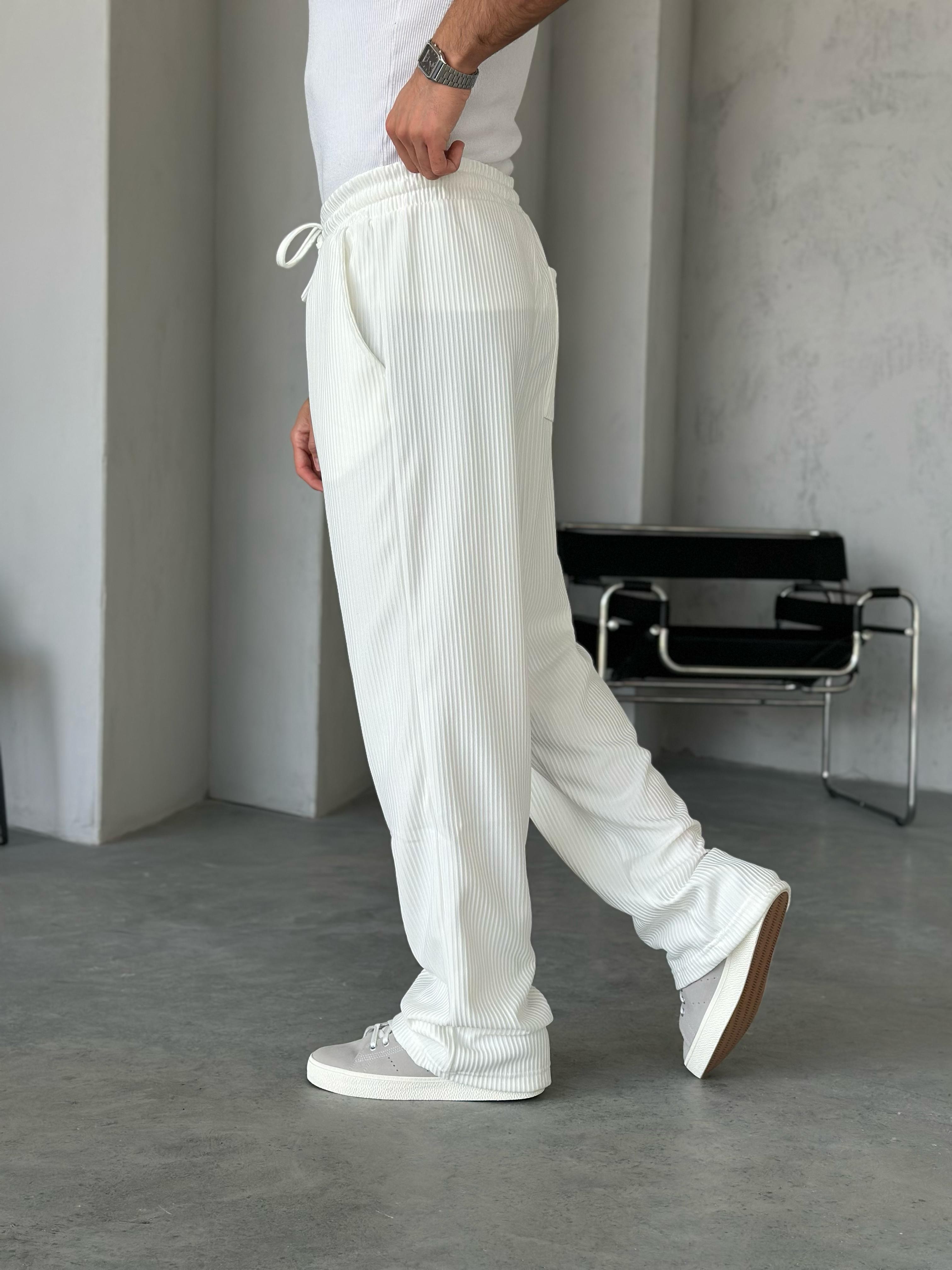 KM221 Fitilli Baggy Kumaş Pantolon Beyaz - G