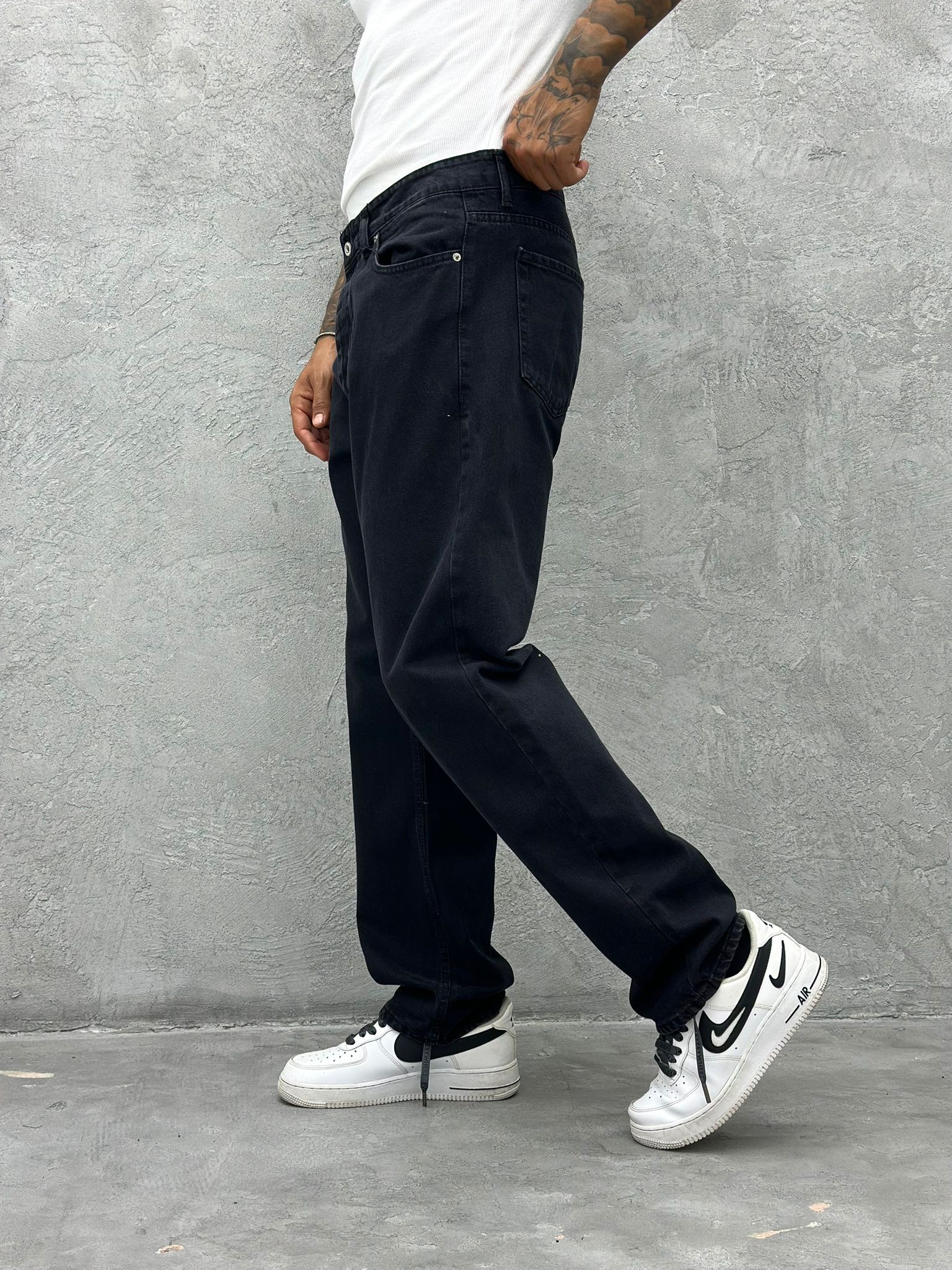 P502 Yıkamalı Siyah Baggy Pantolon - W
