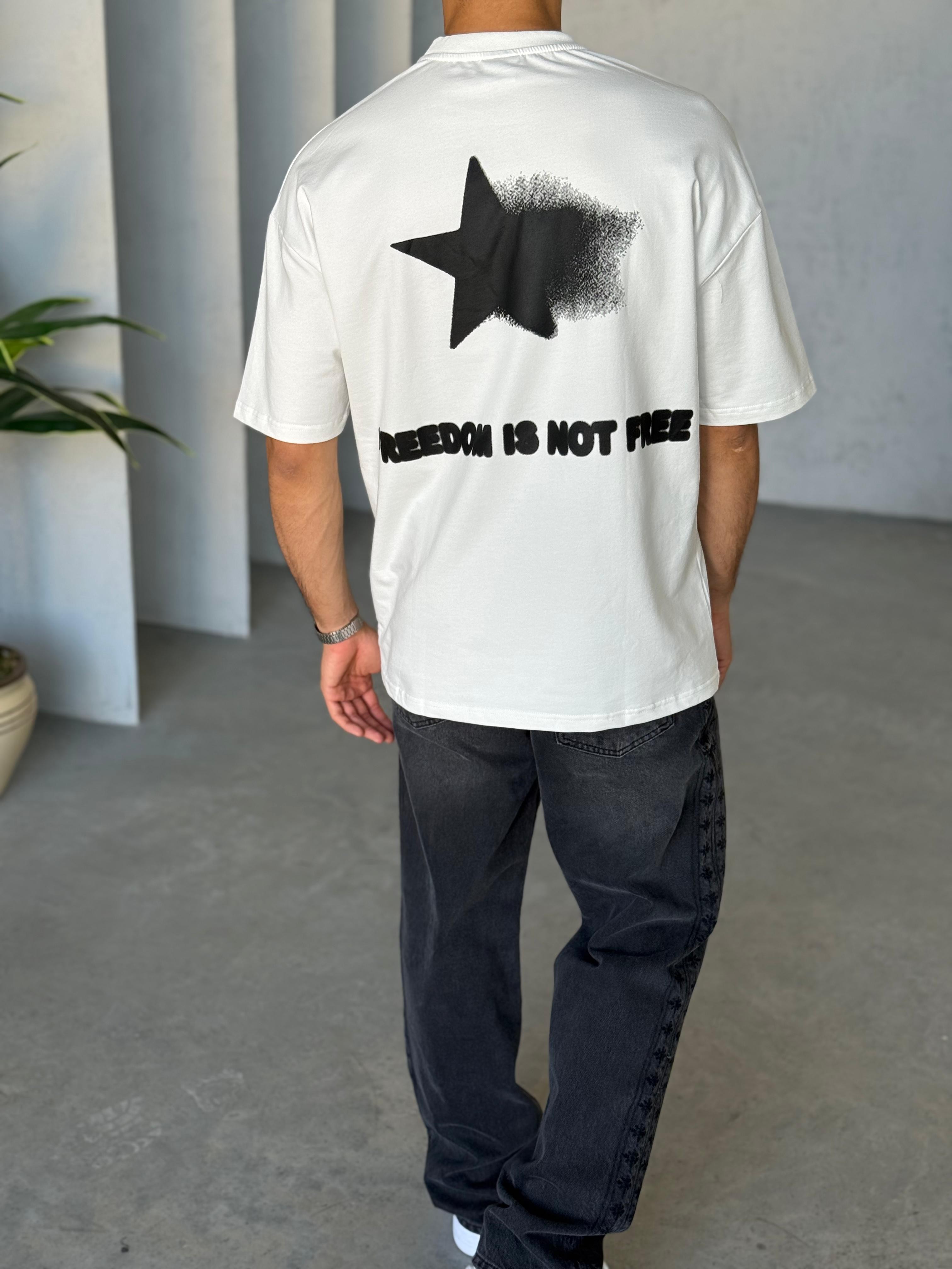 T6010 Yıldız Baskılı Yıkamalı Oversize T-shirt Beyaz