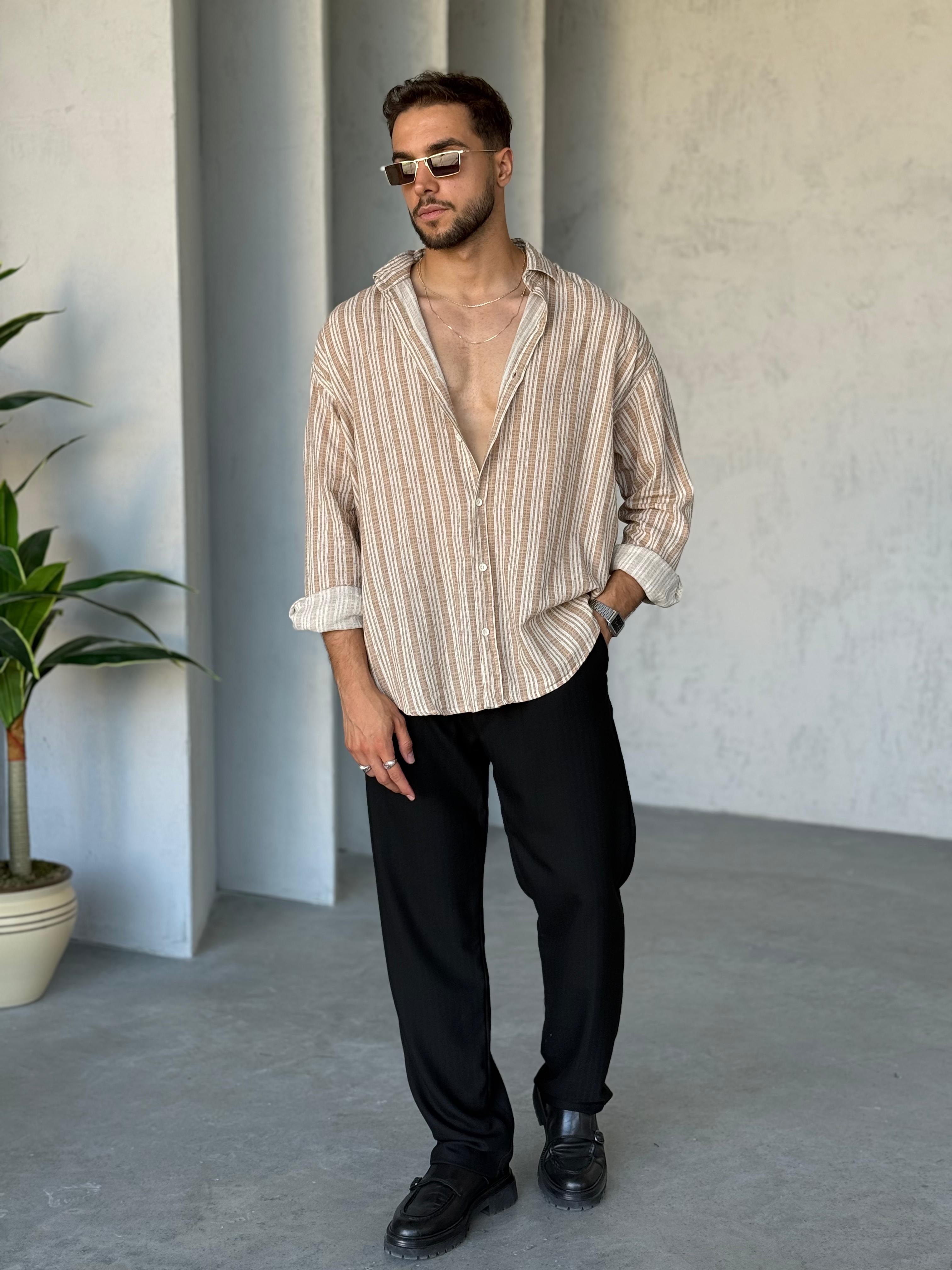 GM3040 Çizgili Oversize Gömlek Kahve