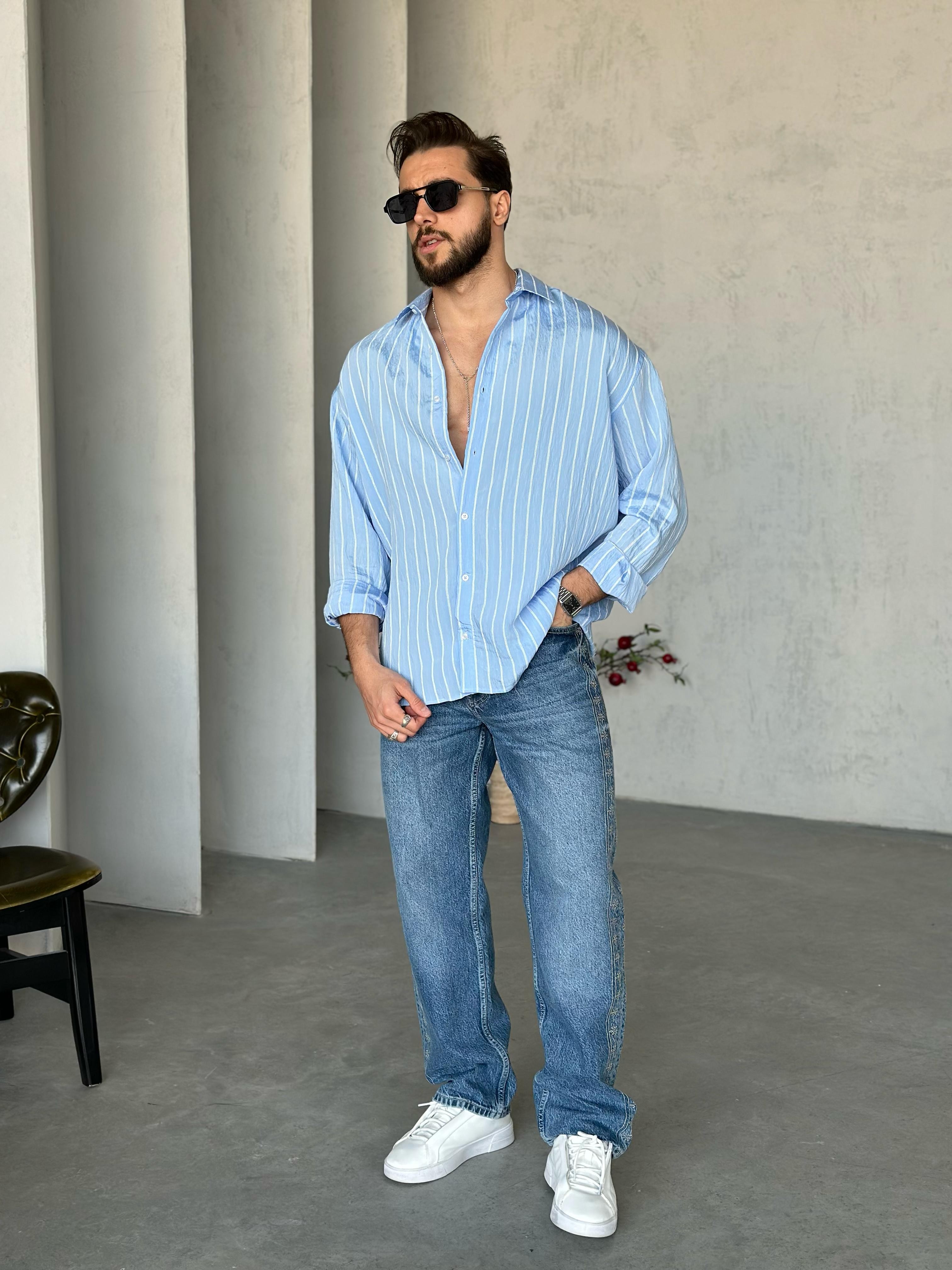 GM4403 Çizgili oversize gofre gömlek Bebe Mavi Beyaz Çizgili