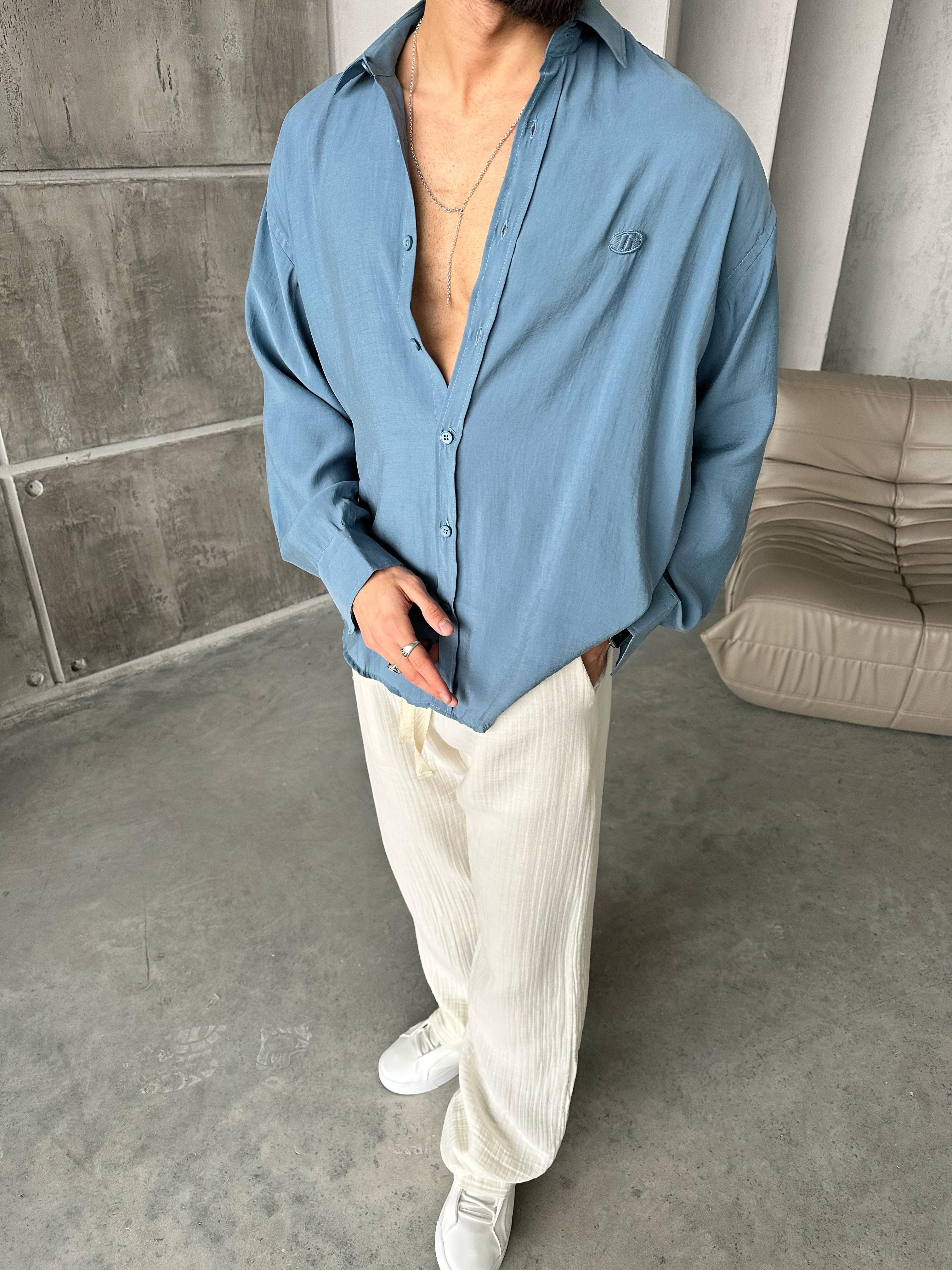 Modal Kumaş Oversize Gömlek indigo