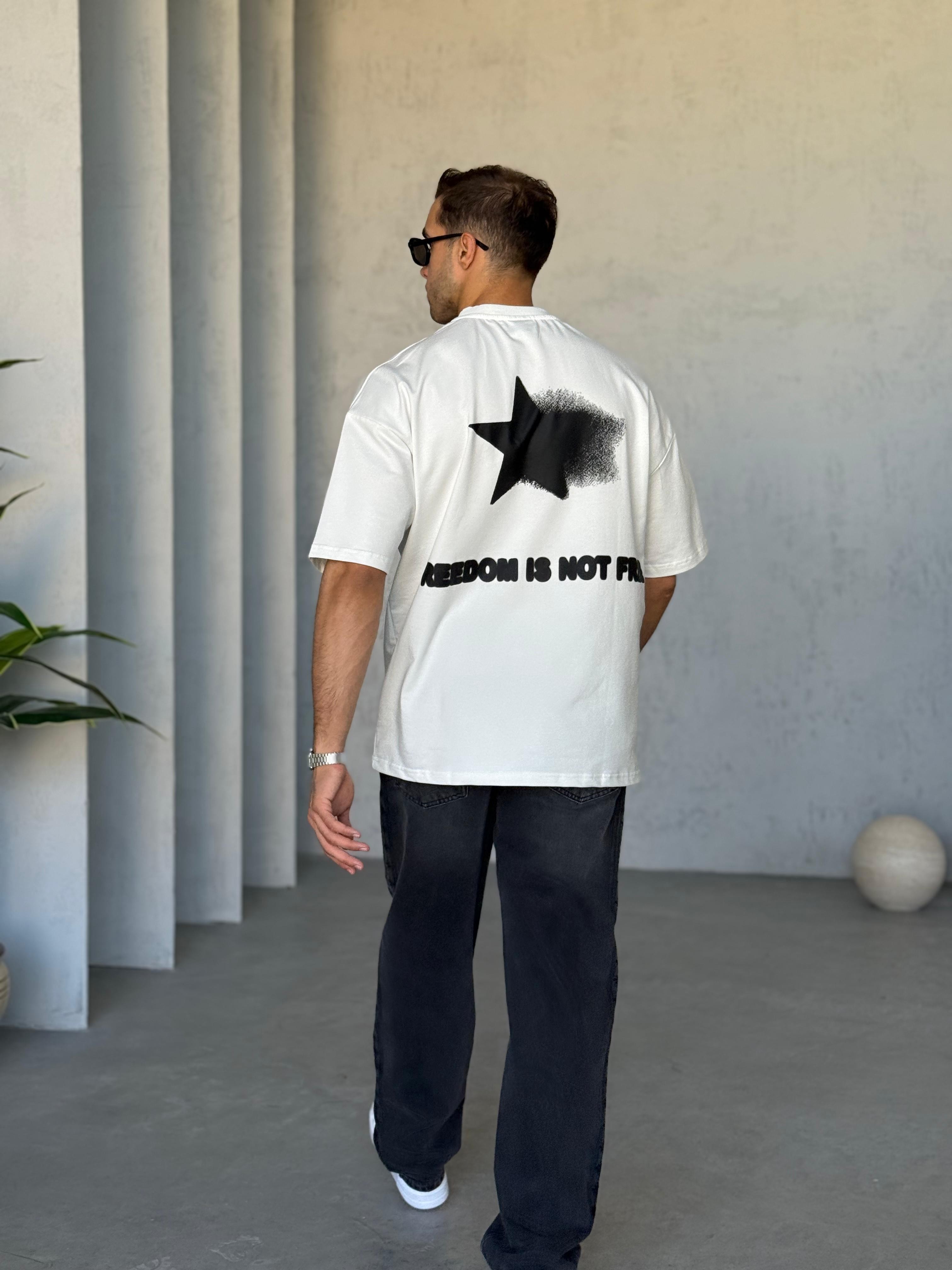 T6010 Yıldız Baskılı Yıkamalı Oversize T-shirt Beyaz