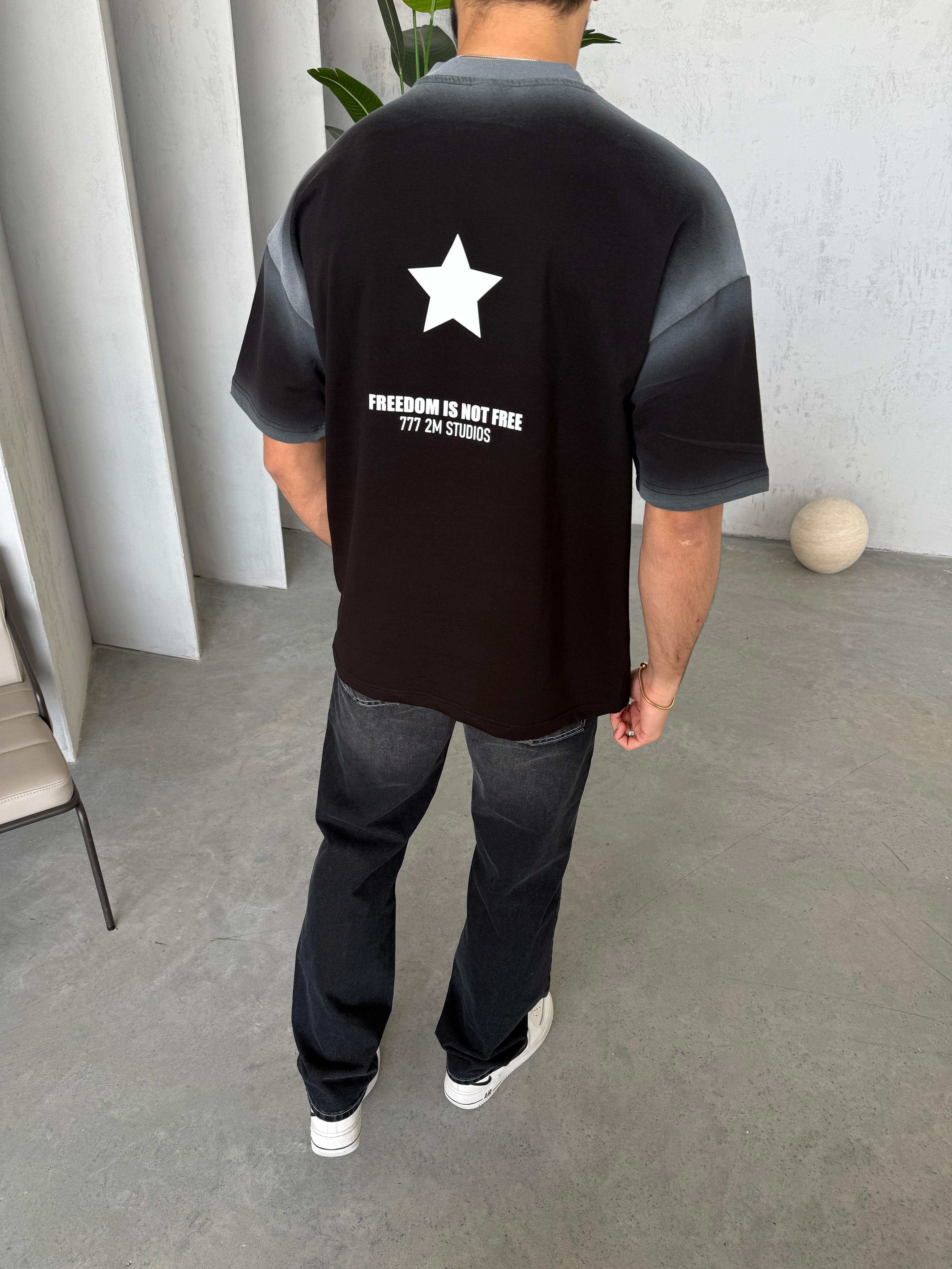 T2010 Yıldız Baskılı Yıkamalı Oversize T-shirt Siyah