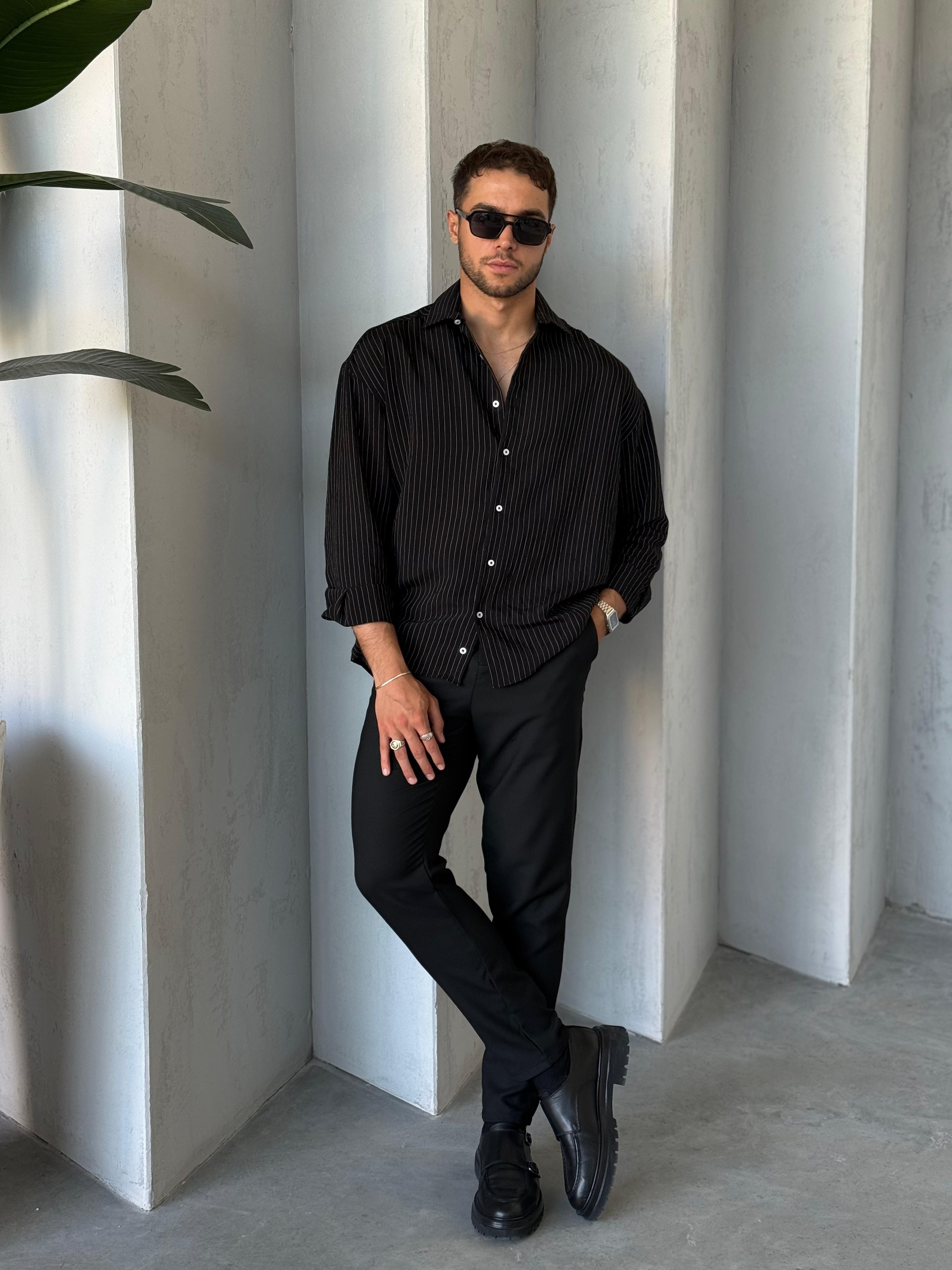 GM9999 Siyah Çizgili Oversize Gömlek
