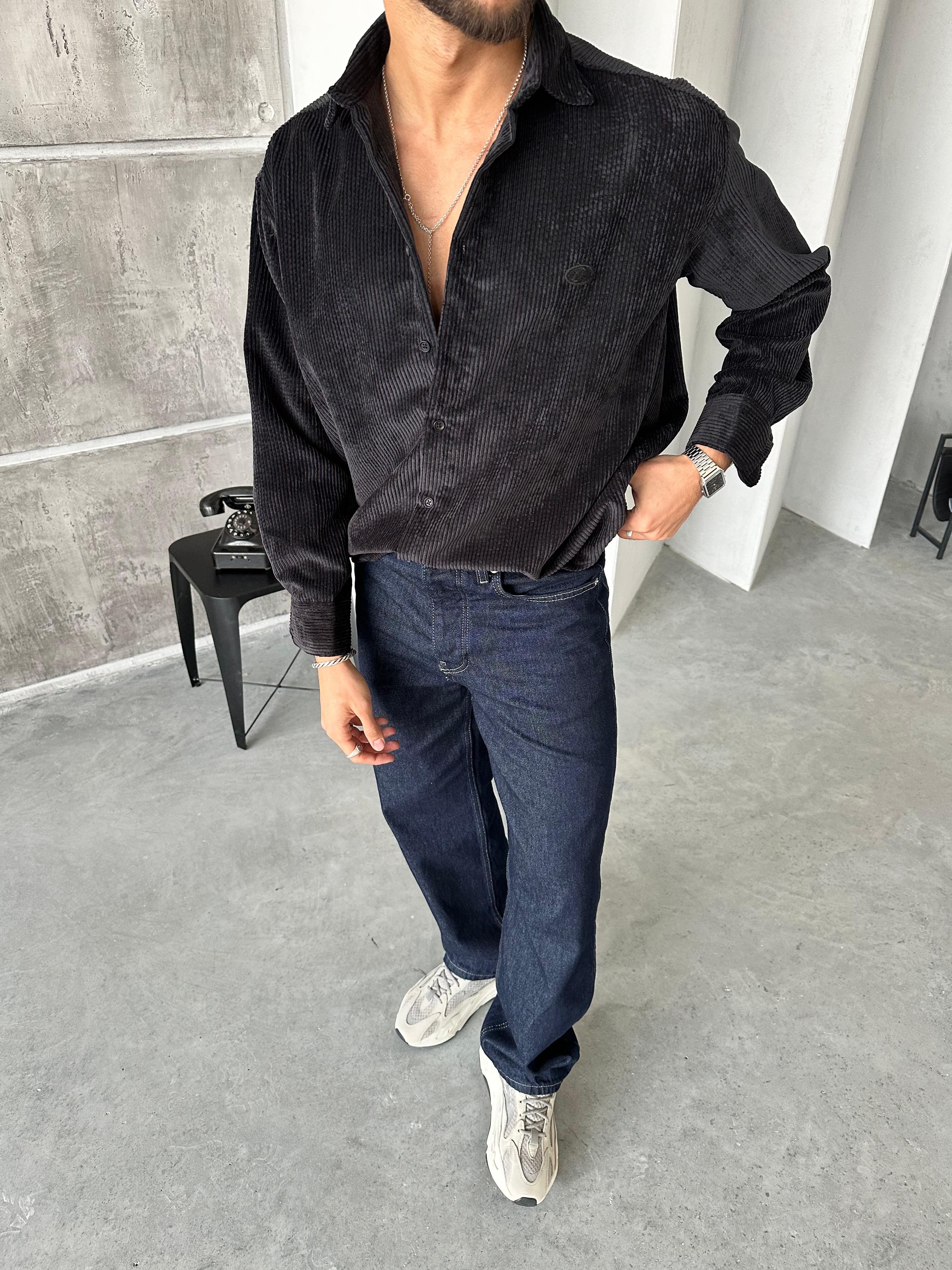 Oversize Kadife Kumaş Gömlek Siyah