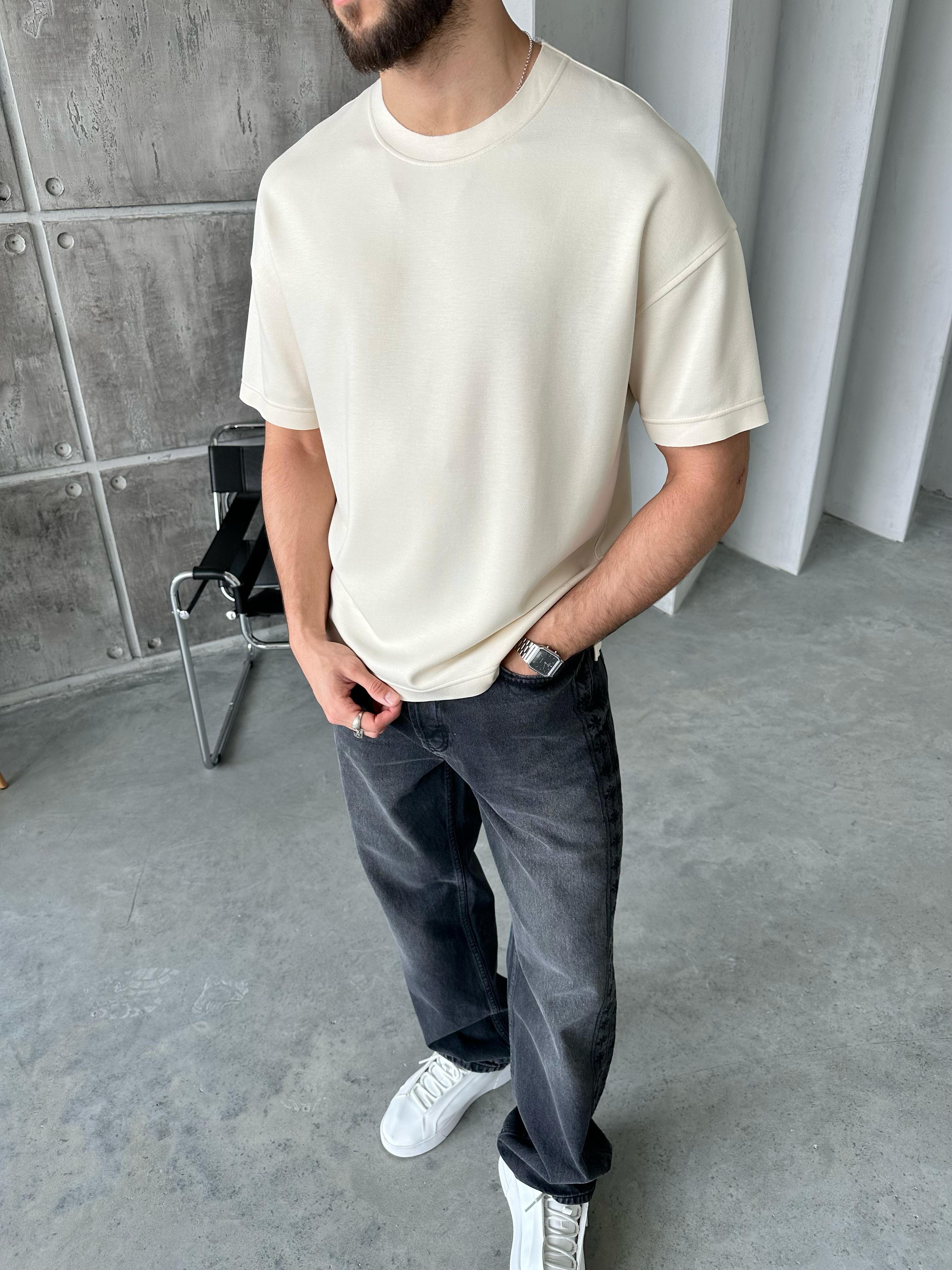 T109 Modal Kumaş Oversize T-shirt Krem