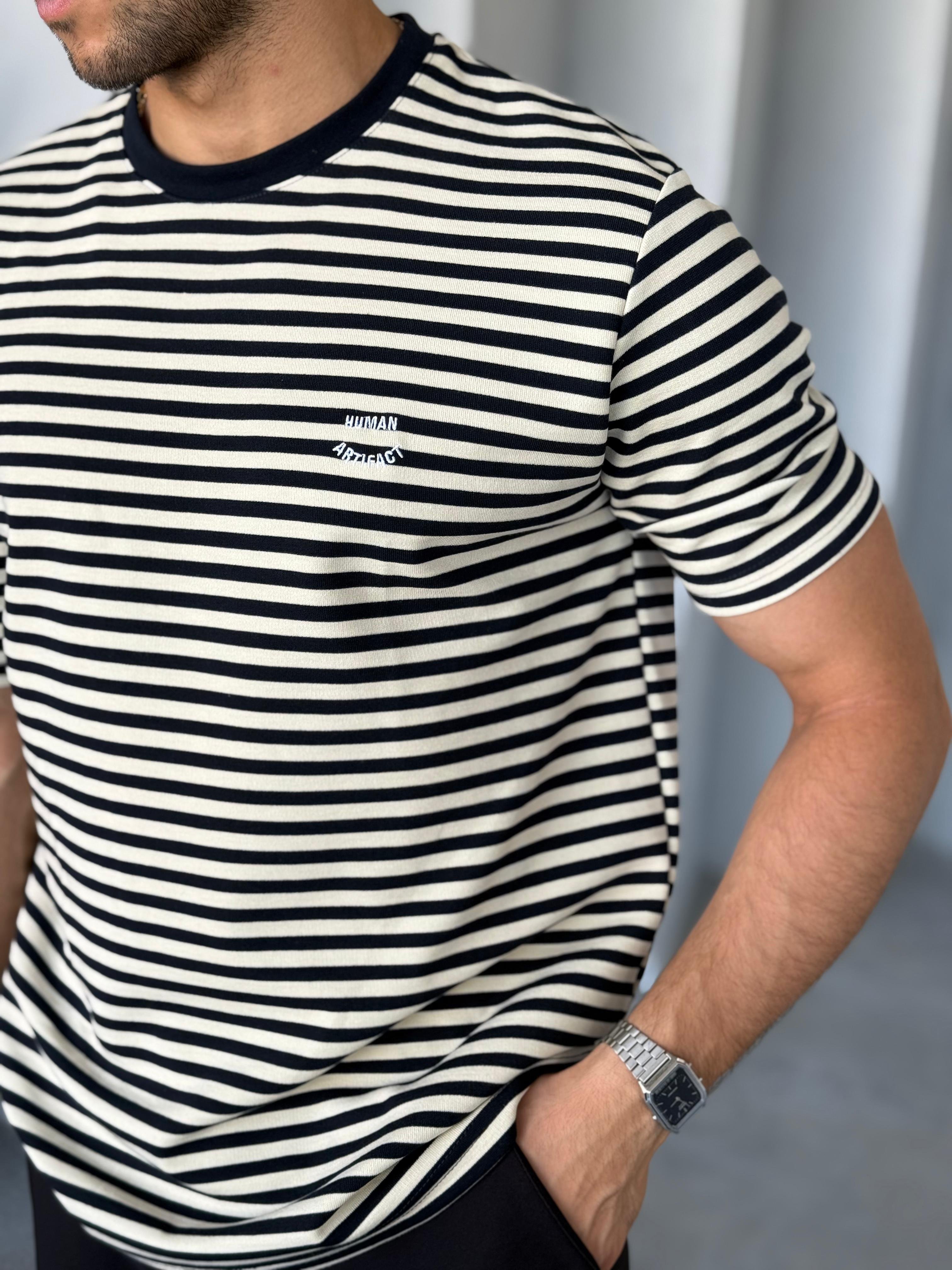 T2525 Çizgili Nakış Detay T-shirt Lacivert-Beyaz