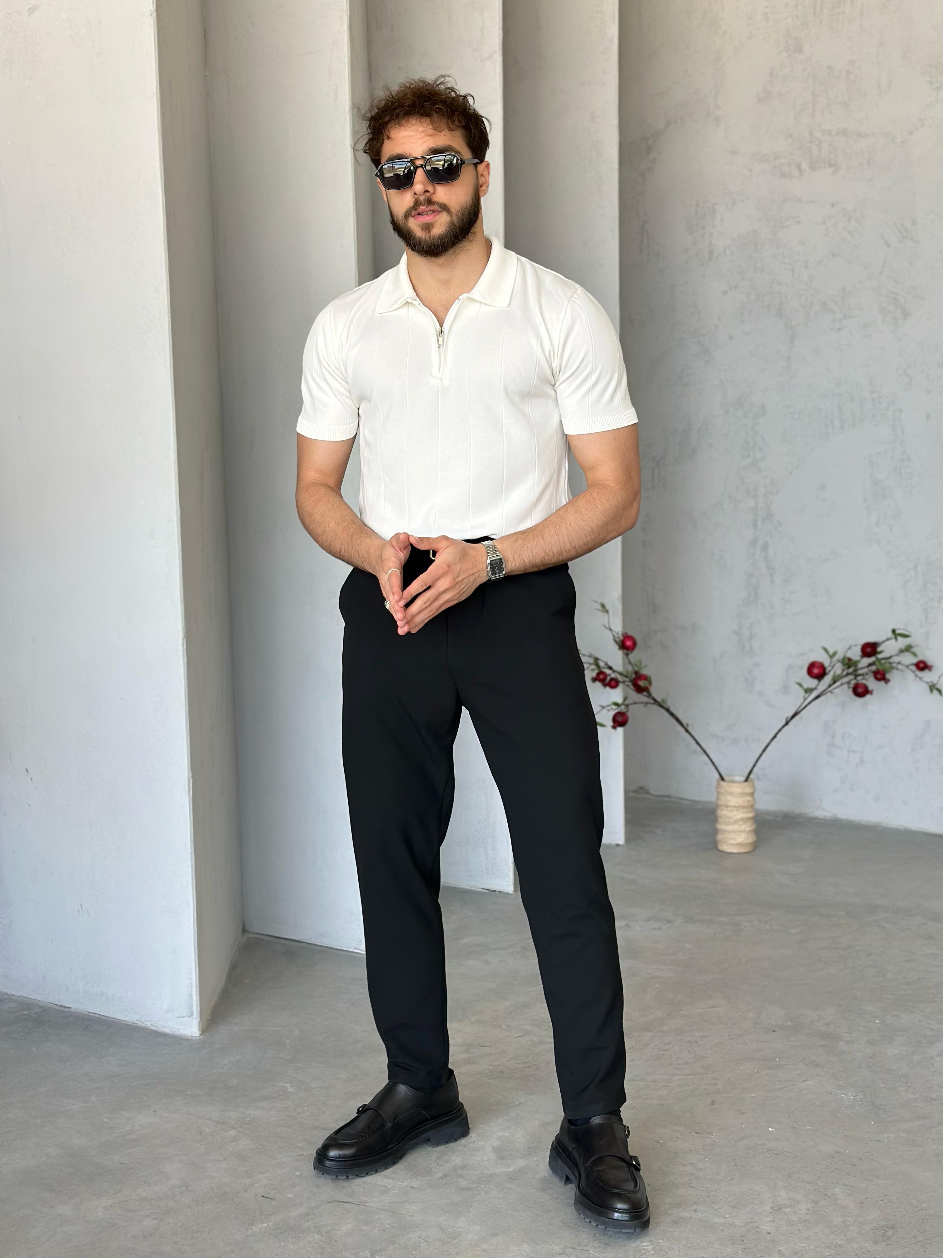 TR1301 Çizgili polo yaka triko Beyaz