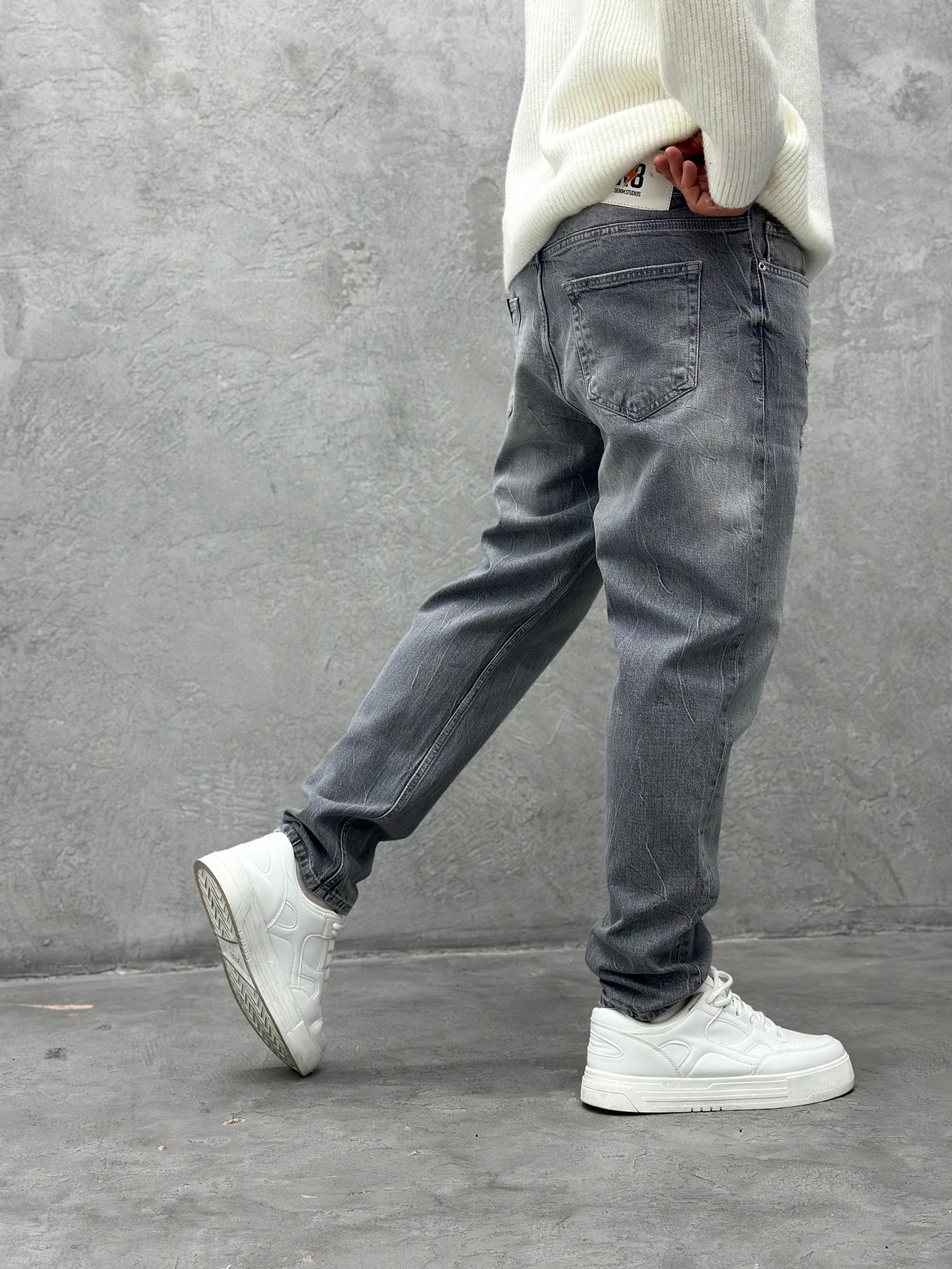 P522 Gri Yirtik Detay Boyfriend Pantolon - R