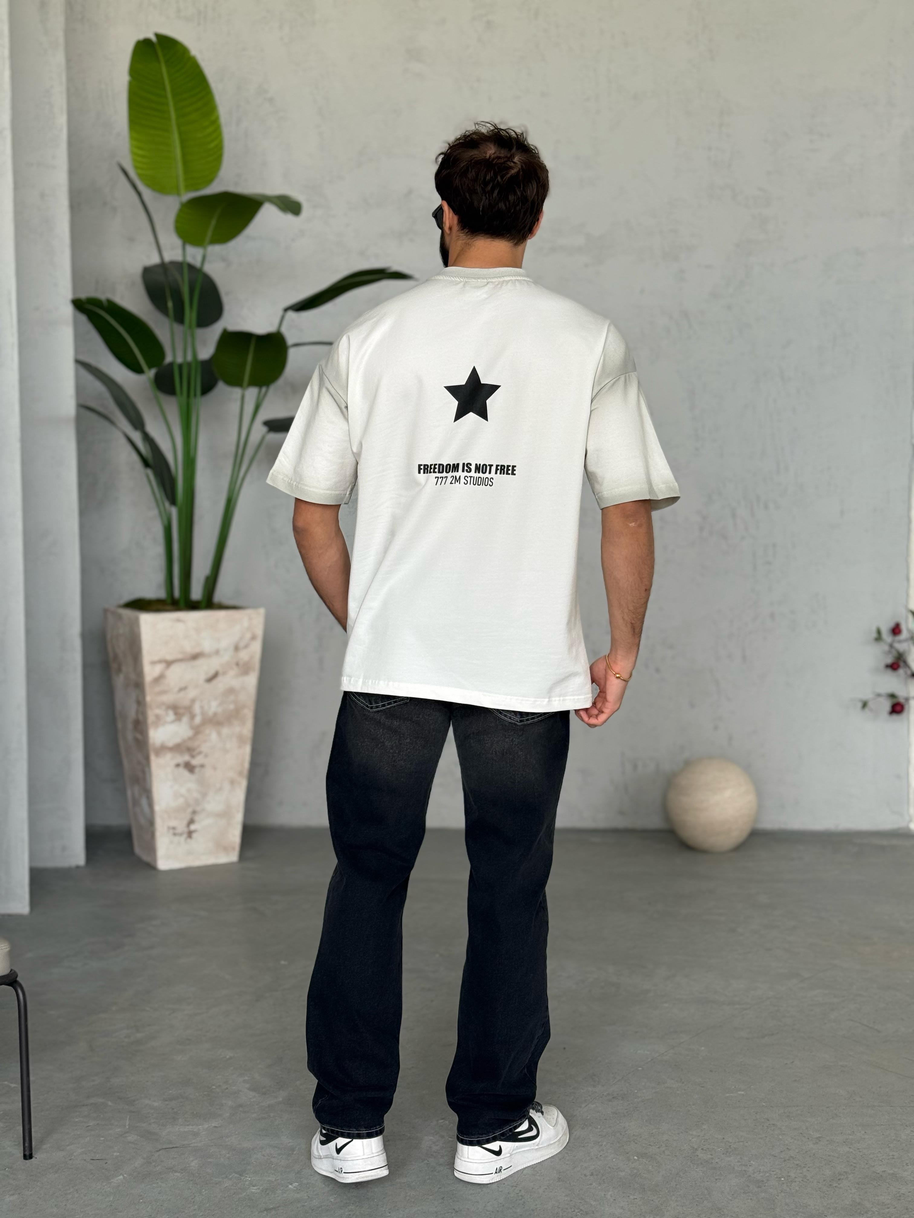 T2011 Yıldız Baskılı Yıkamalı Oversize T-shirt Beyaz