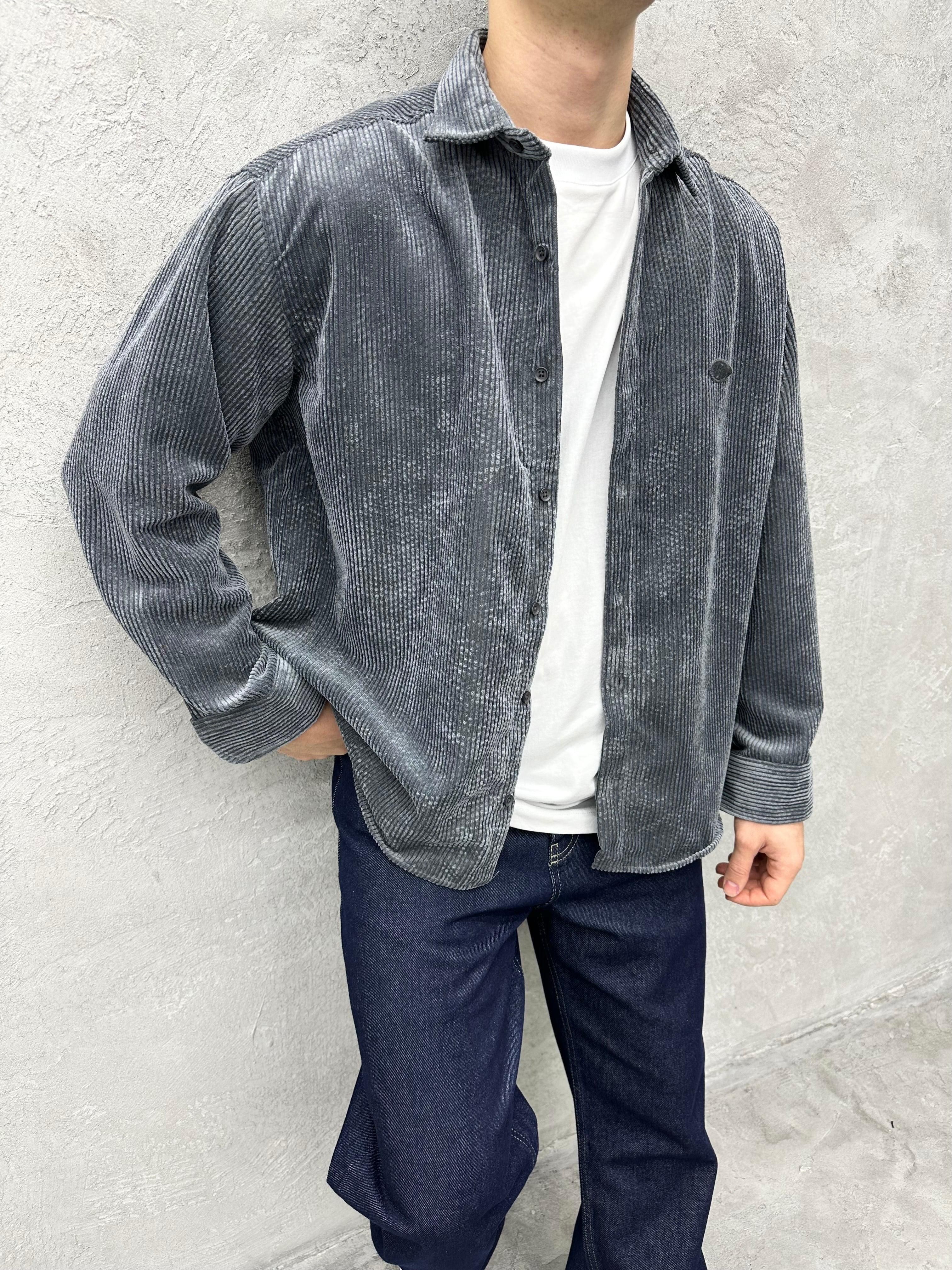 Oversize Kadife Kumaş Gömlek Gri
