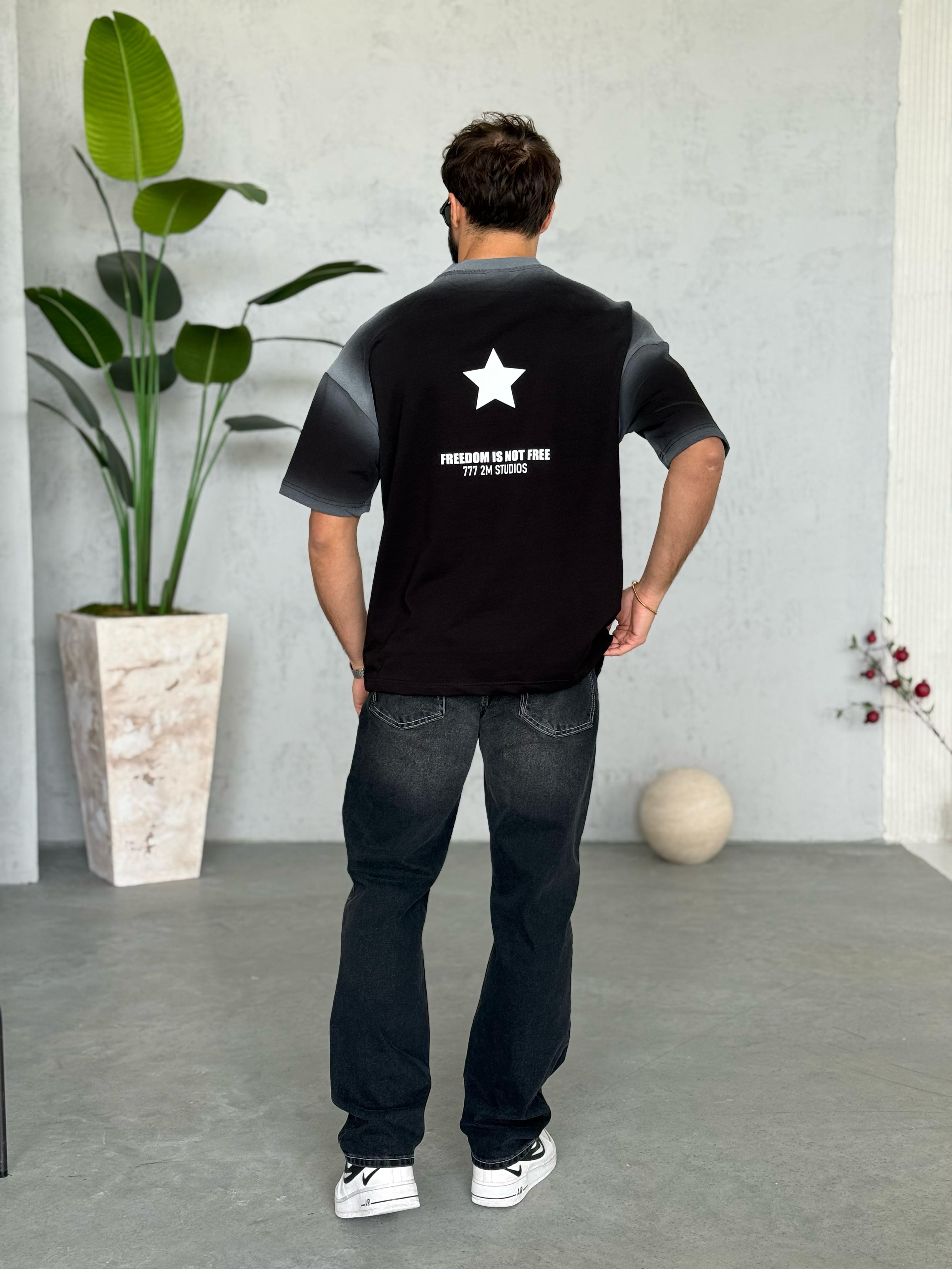 T2010 Yıldız Baskılı Yıkamalı Oversize T-shirt Siyah