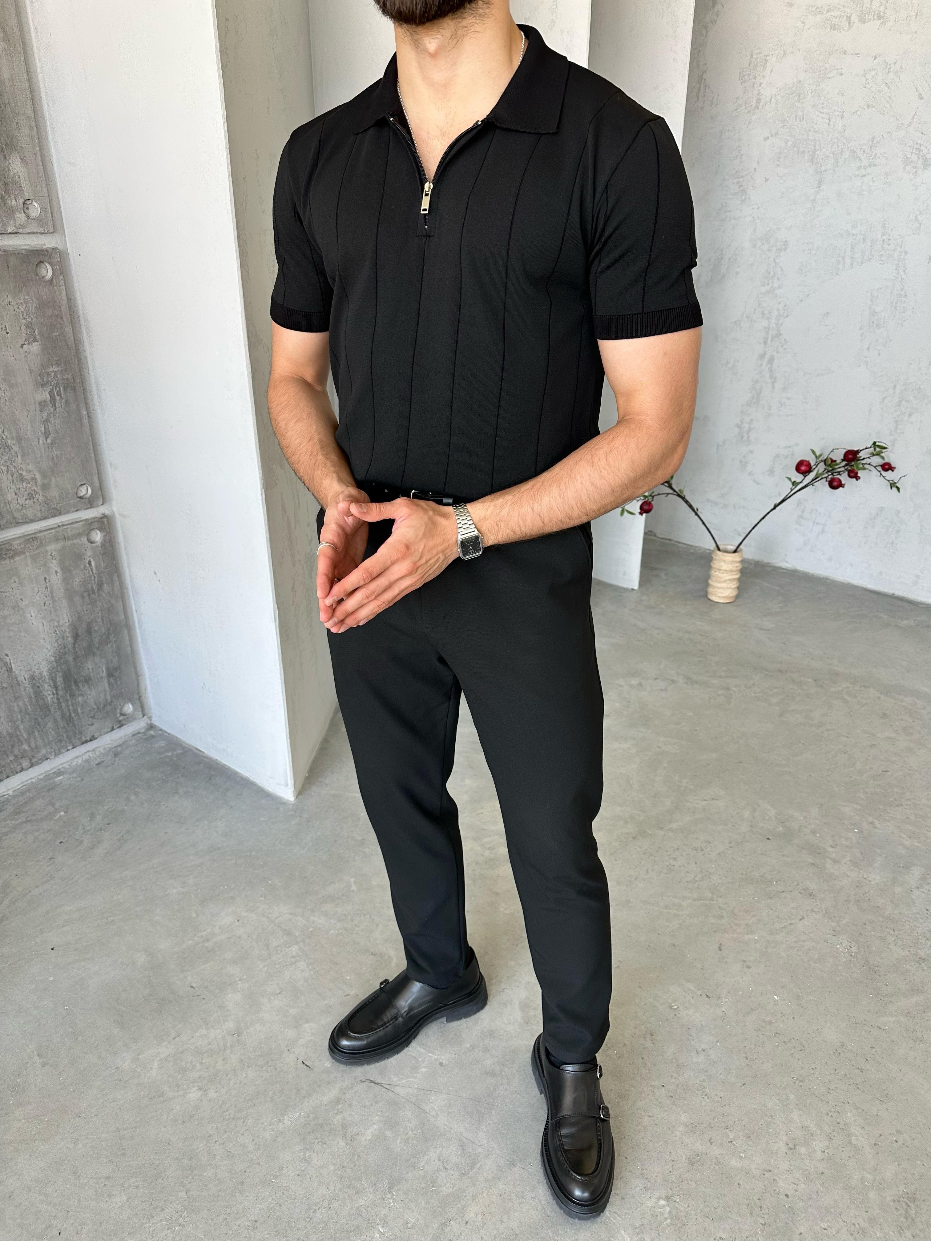 TR1300 Çizgili polo yaka triko Siyah