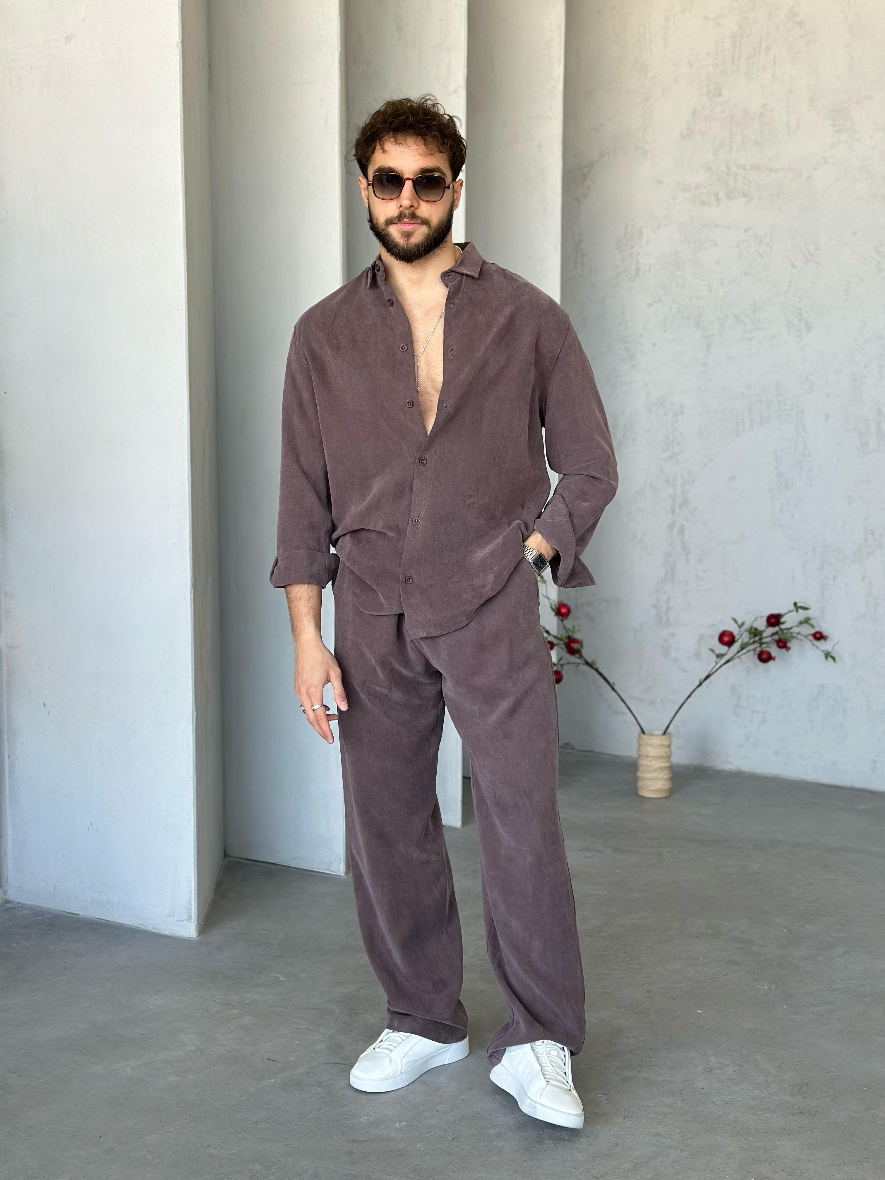 TK220 YIKAMALI PİLELİ PANTOLON TENSEL KUMAŞ TAKIM KAHVE