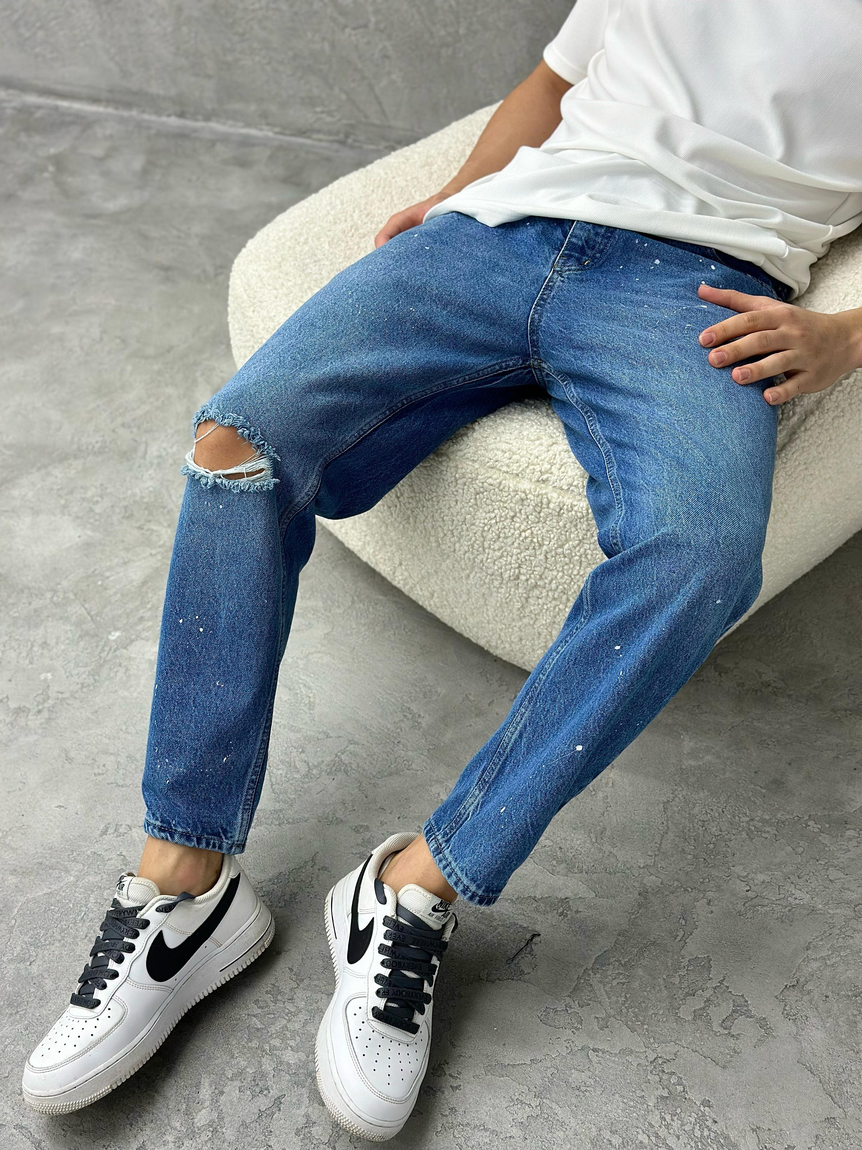 P423 Boyalı Diz Yırtık Boyfriend Pantolon