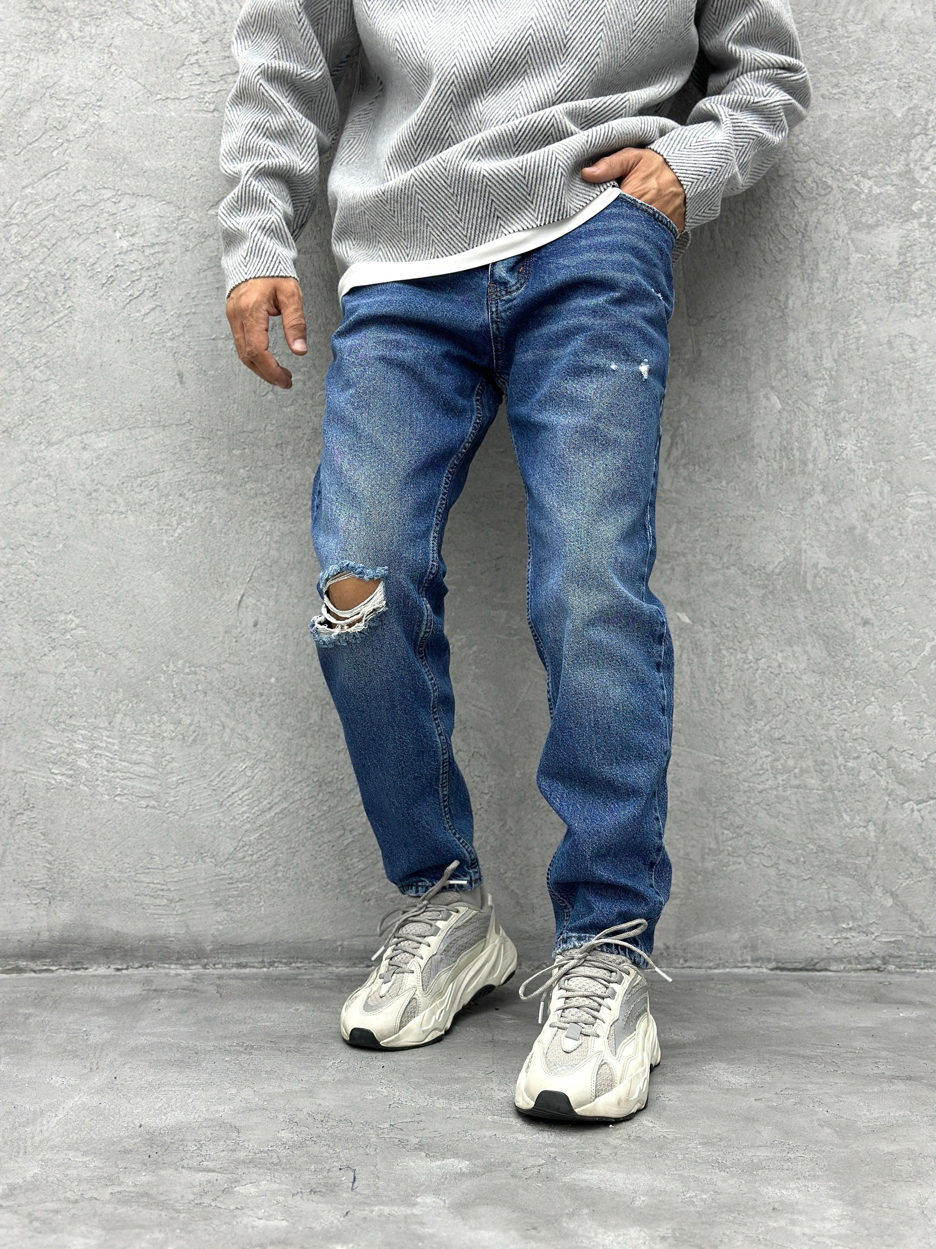 P342 Mavi Diz Yırtık  Boyfriend Pantolon