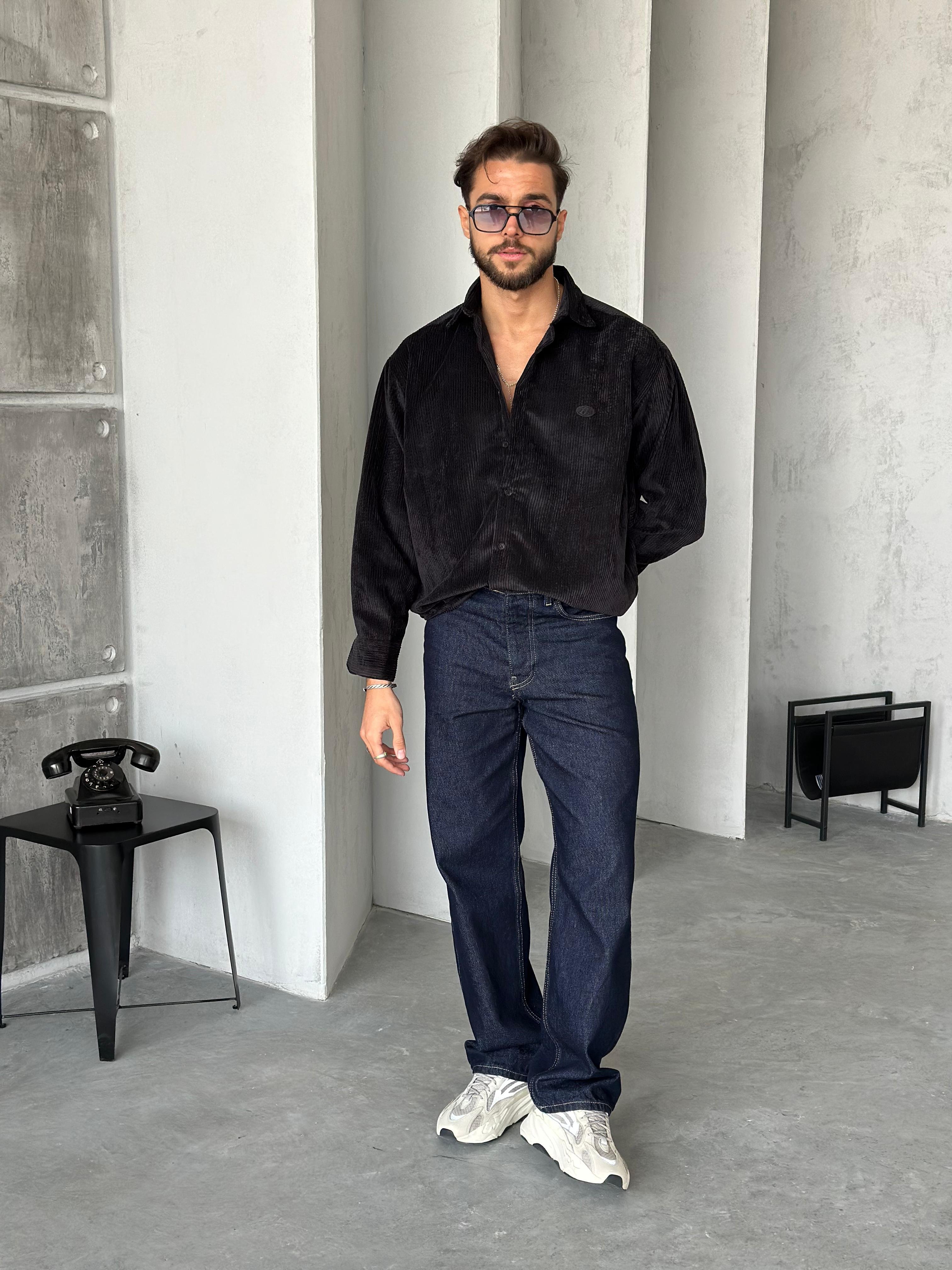 Oversize Kadife Kumaş Gömlek Siyah