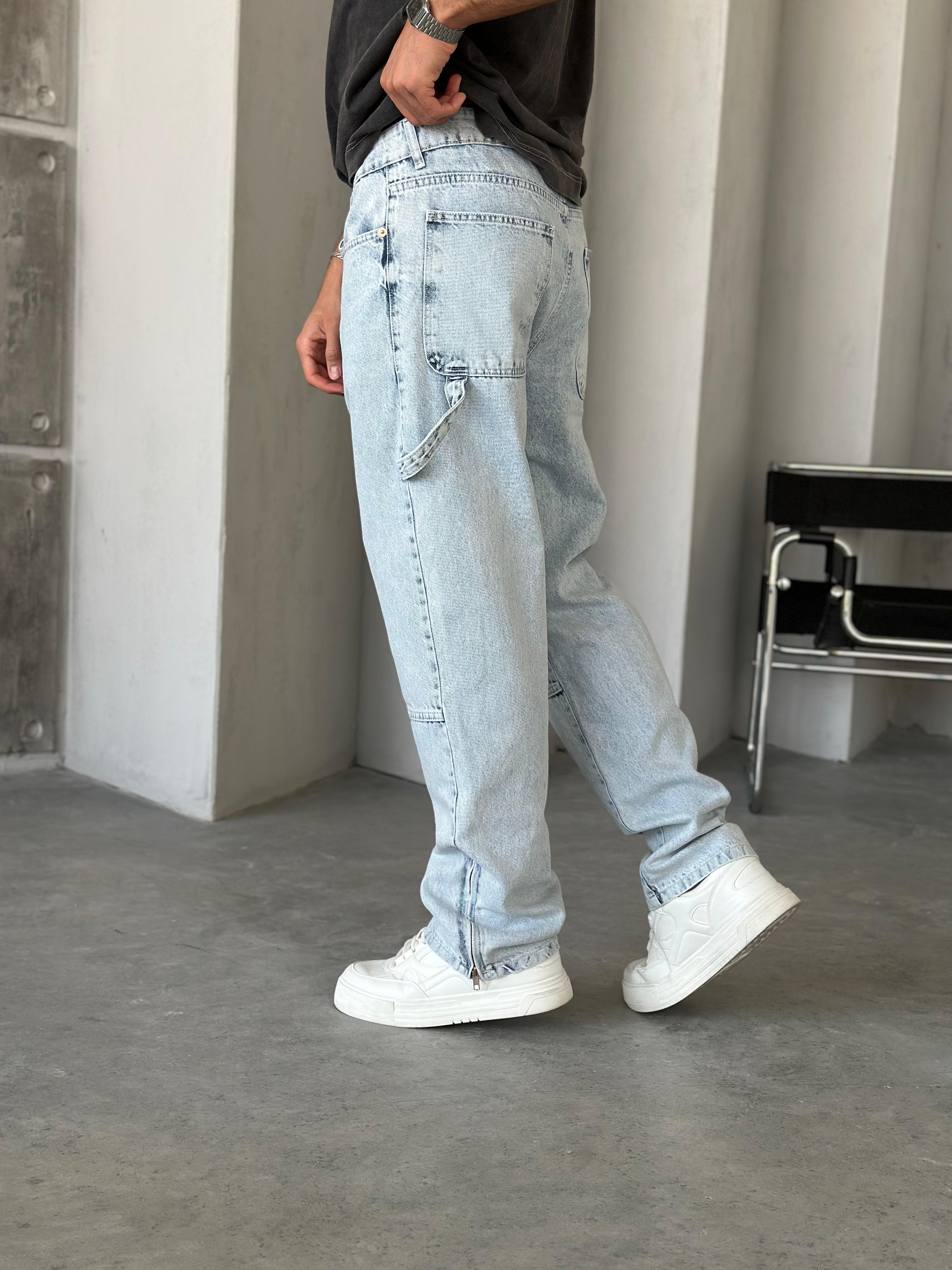 P527 Yıkamalı Mavi Modern Tasarım Paça Fermuar Detaylı Baggy Pantolon - W