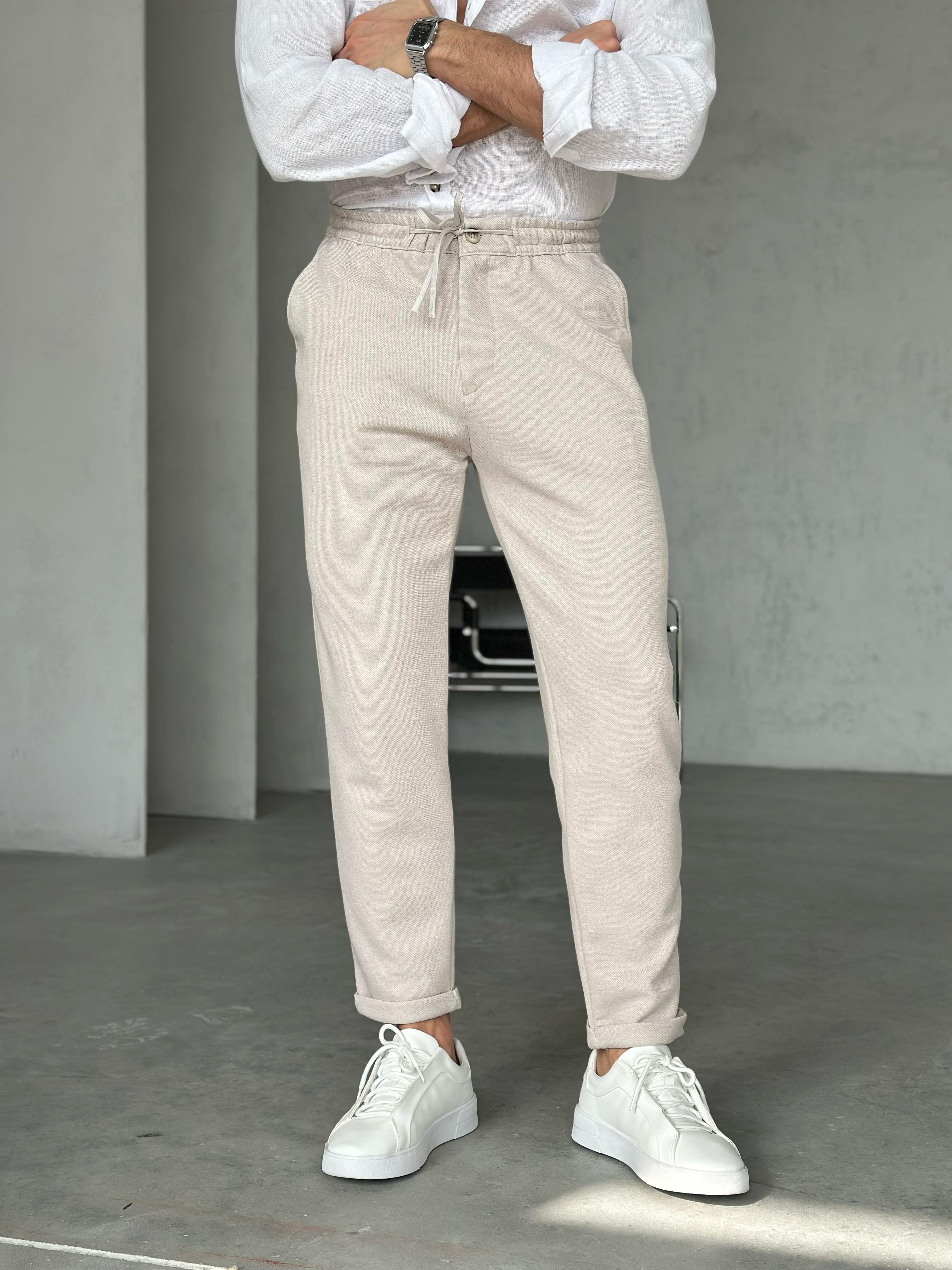 KM50360 Örme Slim jogger pantolon Krem - W