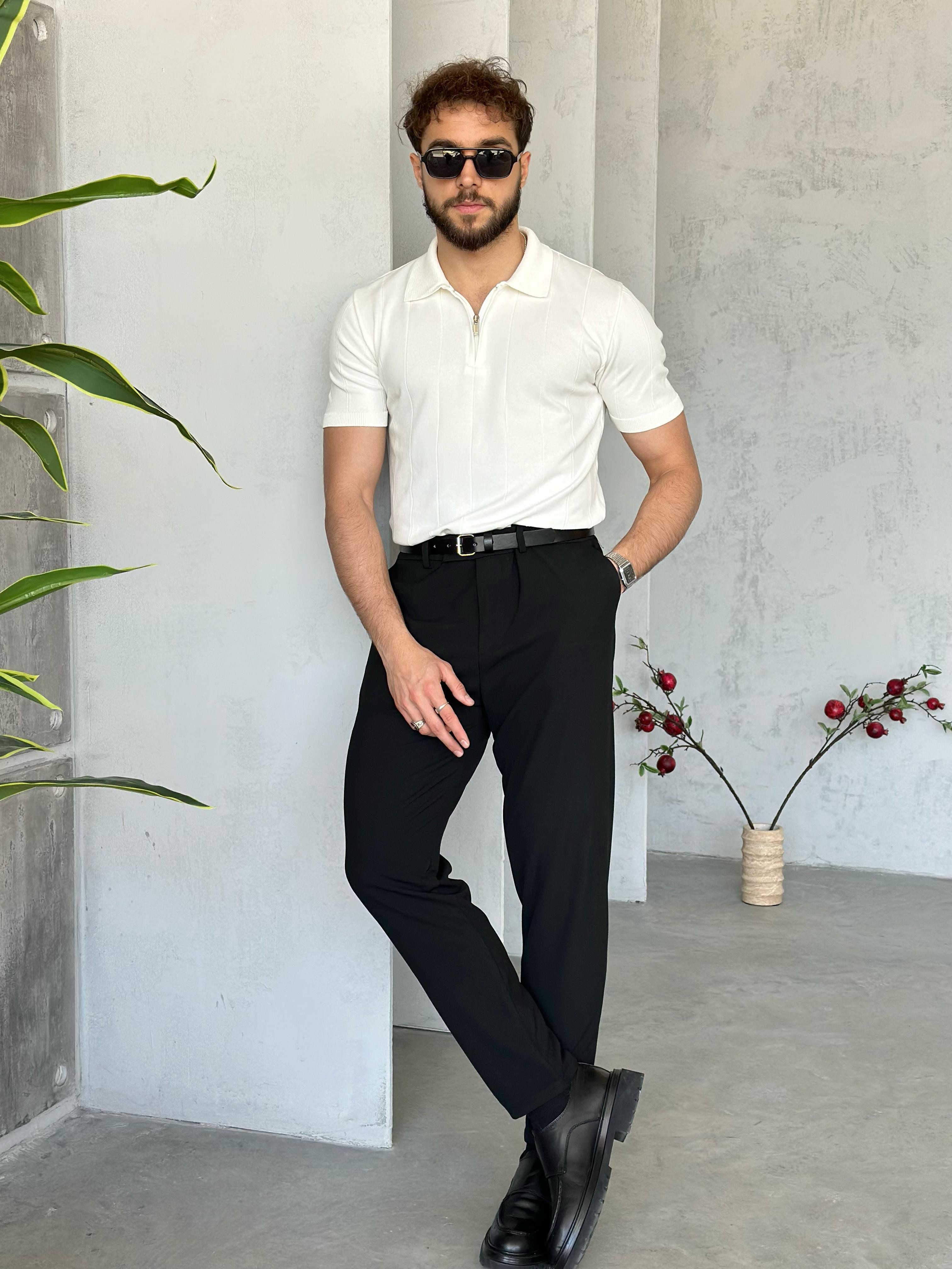 TR1301 Çizgili polo yaka triko Beyaz