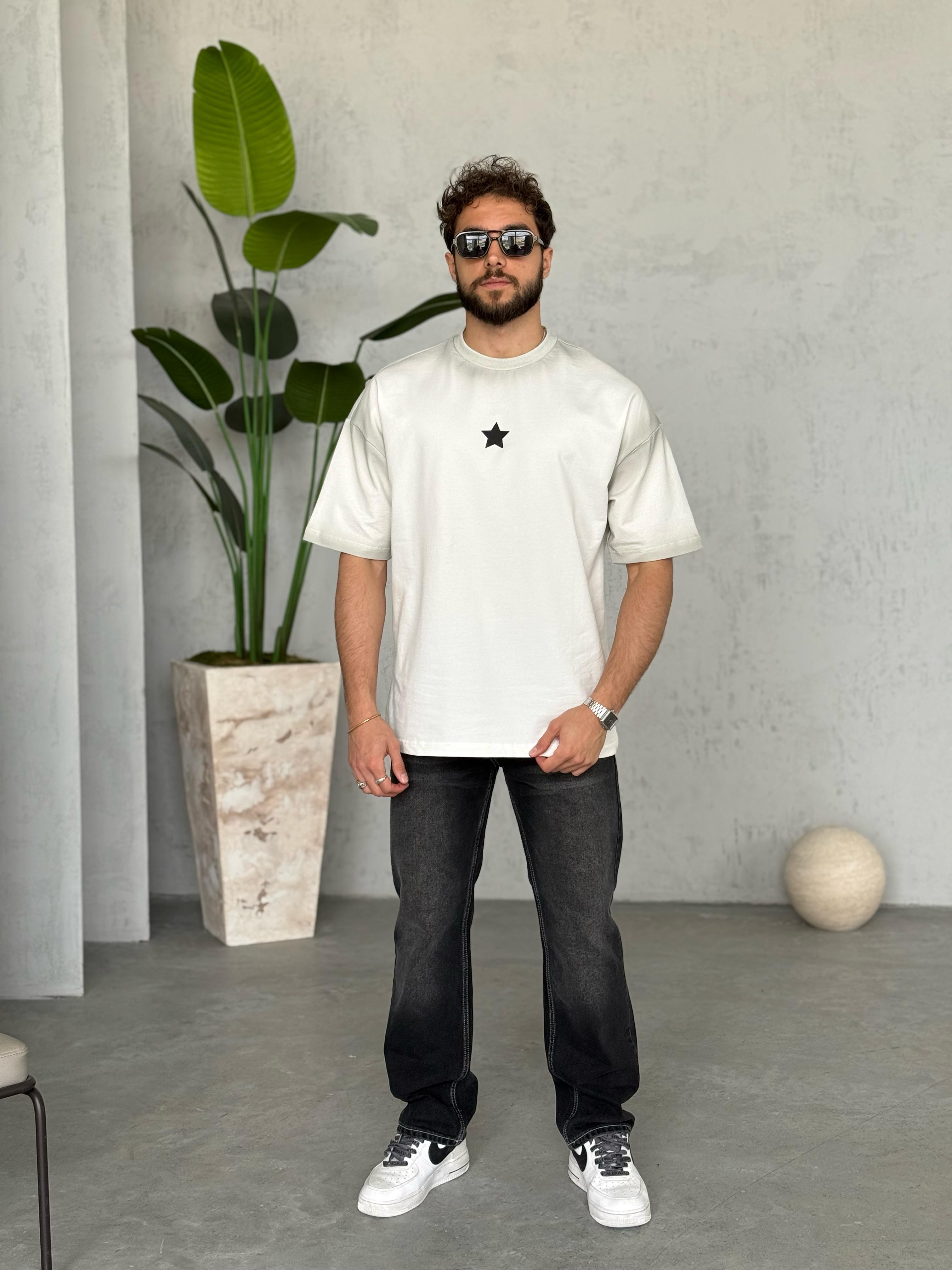 T2011 Yıldız Baskılı Yıkamalı Oversize T-shirt Beyaz