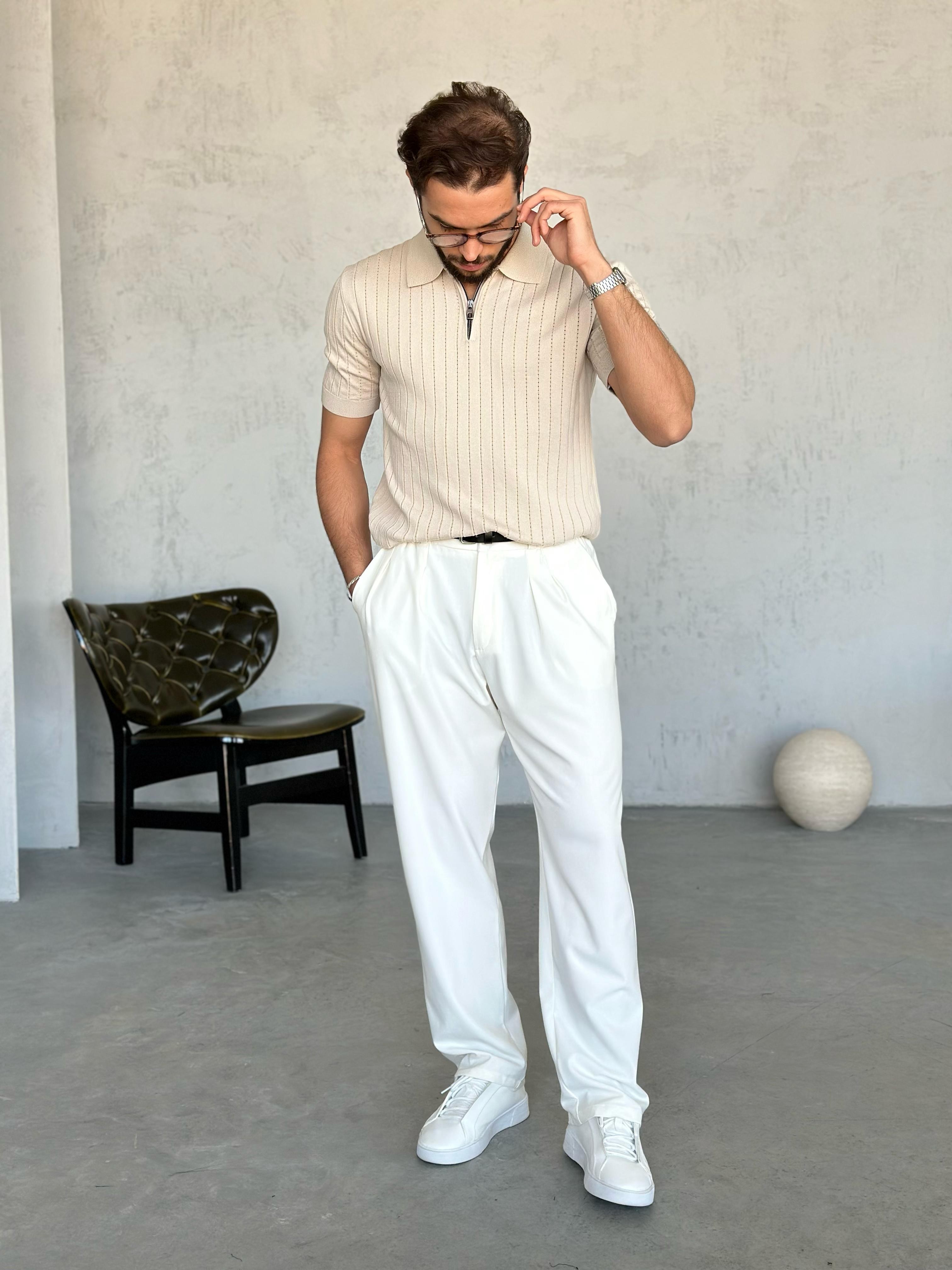 TR270120 Fermuarlı Polo yaka triko KREM -V