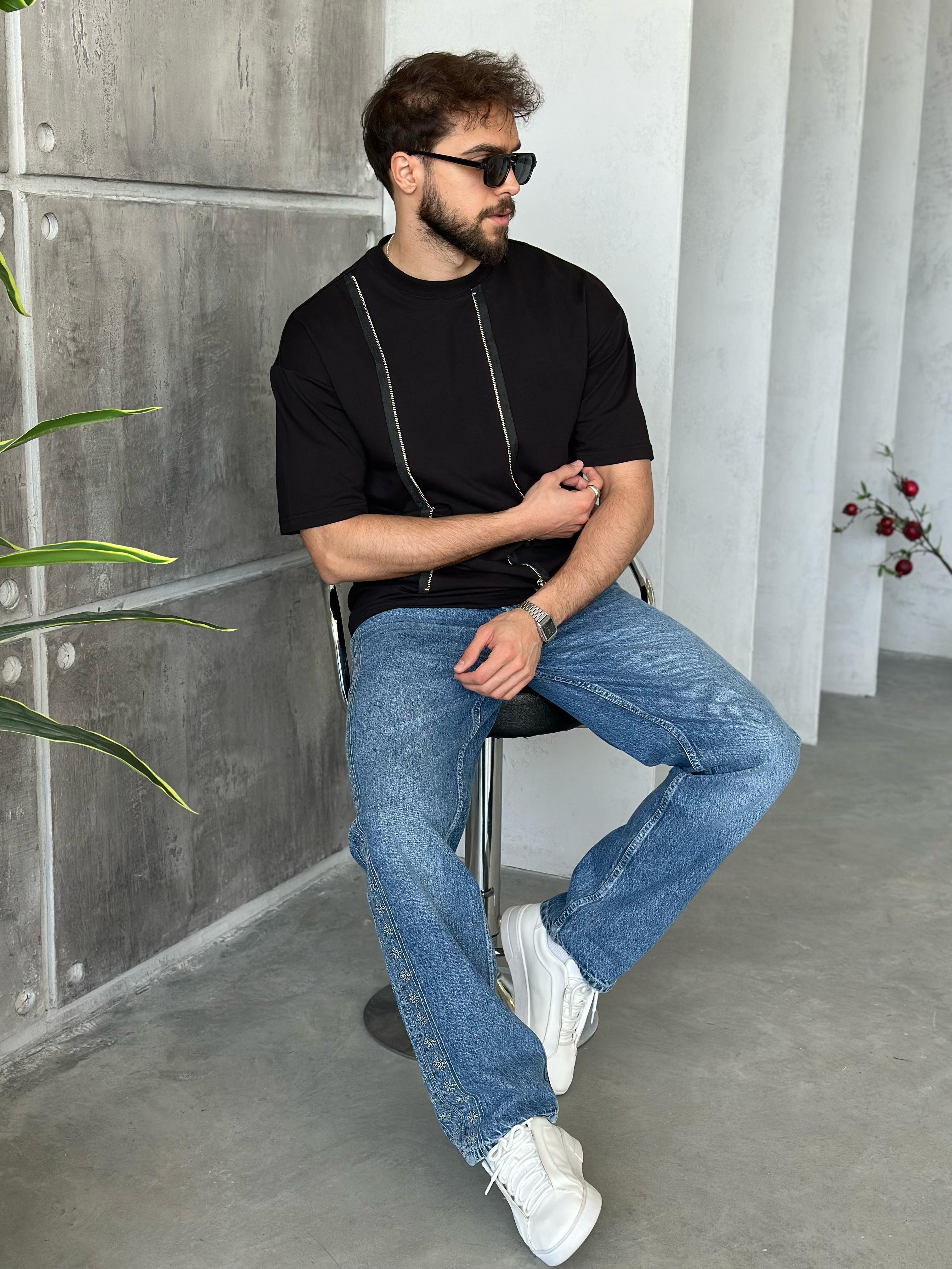 T504 Fermuar Detaylı Tasarım T-shirt Siyah