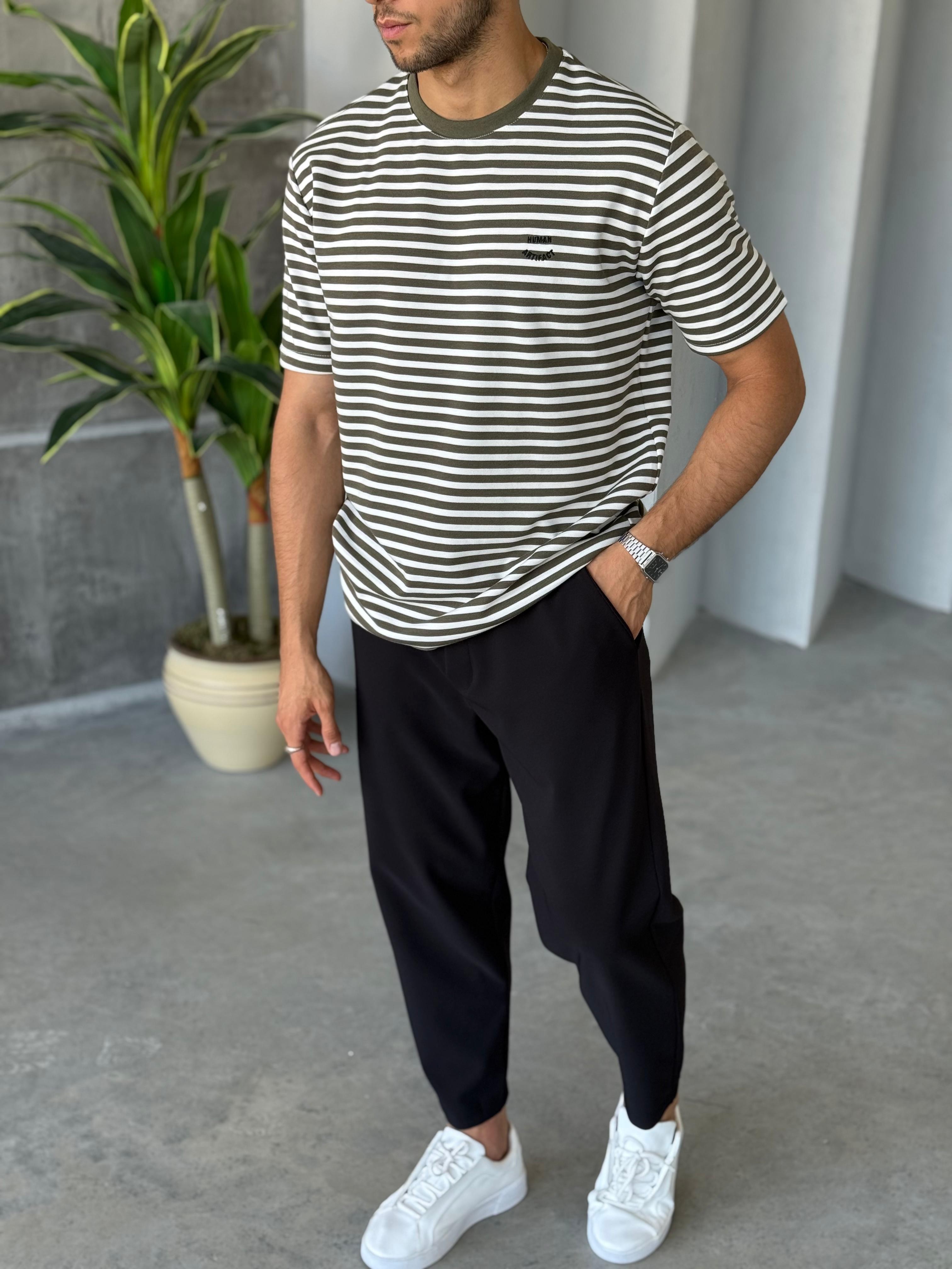 T2526 Çizgili Nakış Detay T-shirt Yeşil-Beyaz