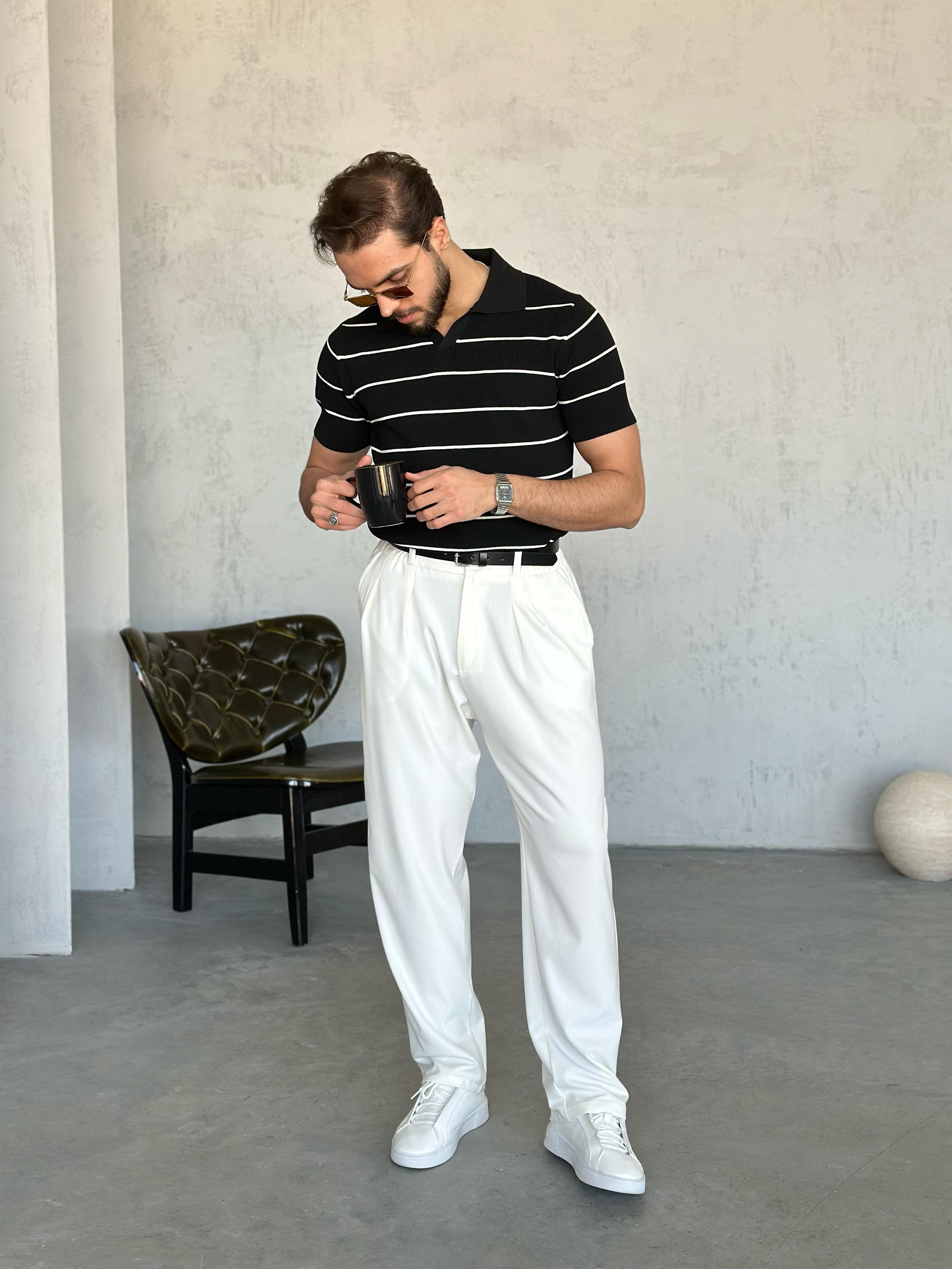 TR270112 Çizgili Polo yaka triko SİYAH - V