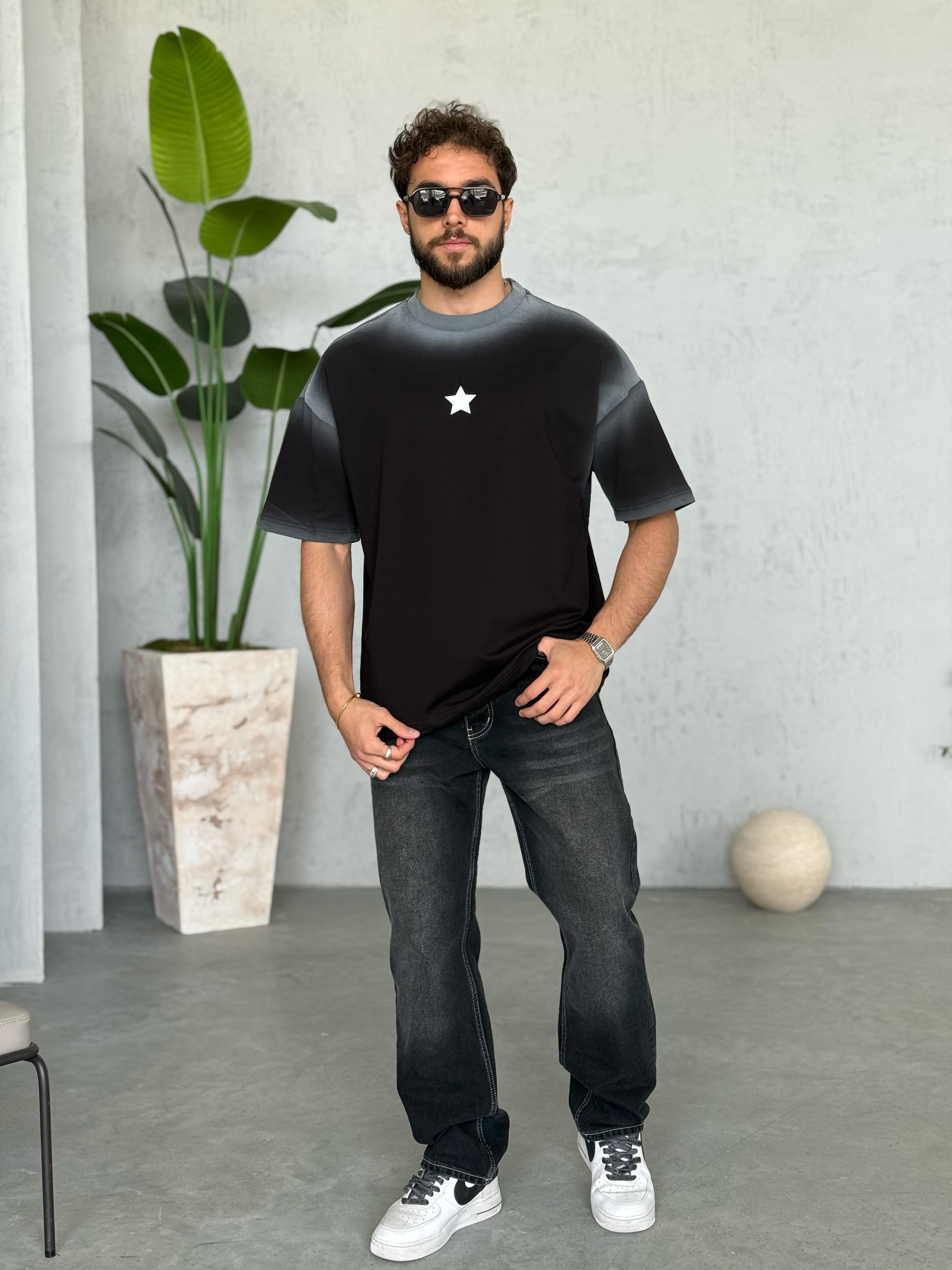T2010 Yıldız Baskılı Yıkamalı Oversize T-shirt Siyah