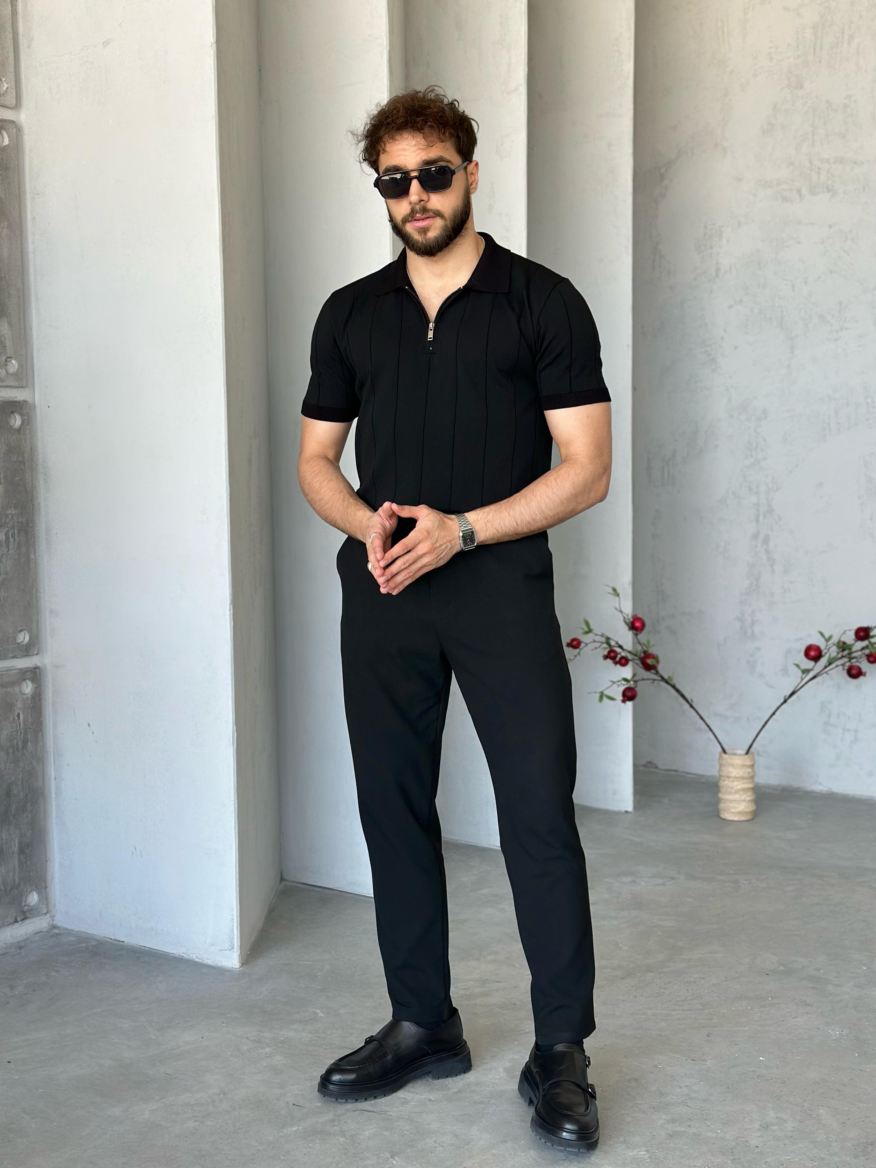 TR1300 Çizgili polo yaka triko Siyah