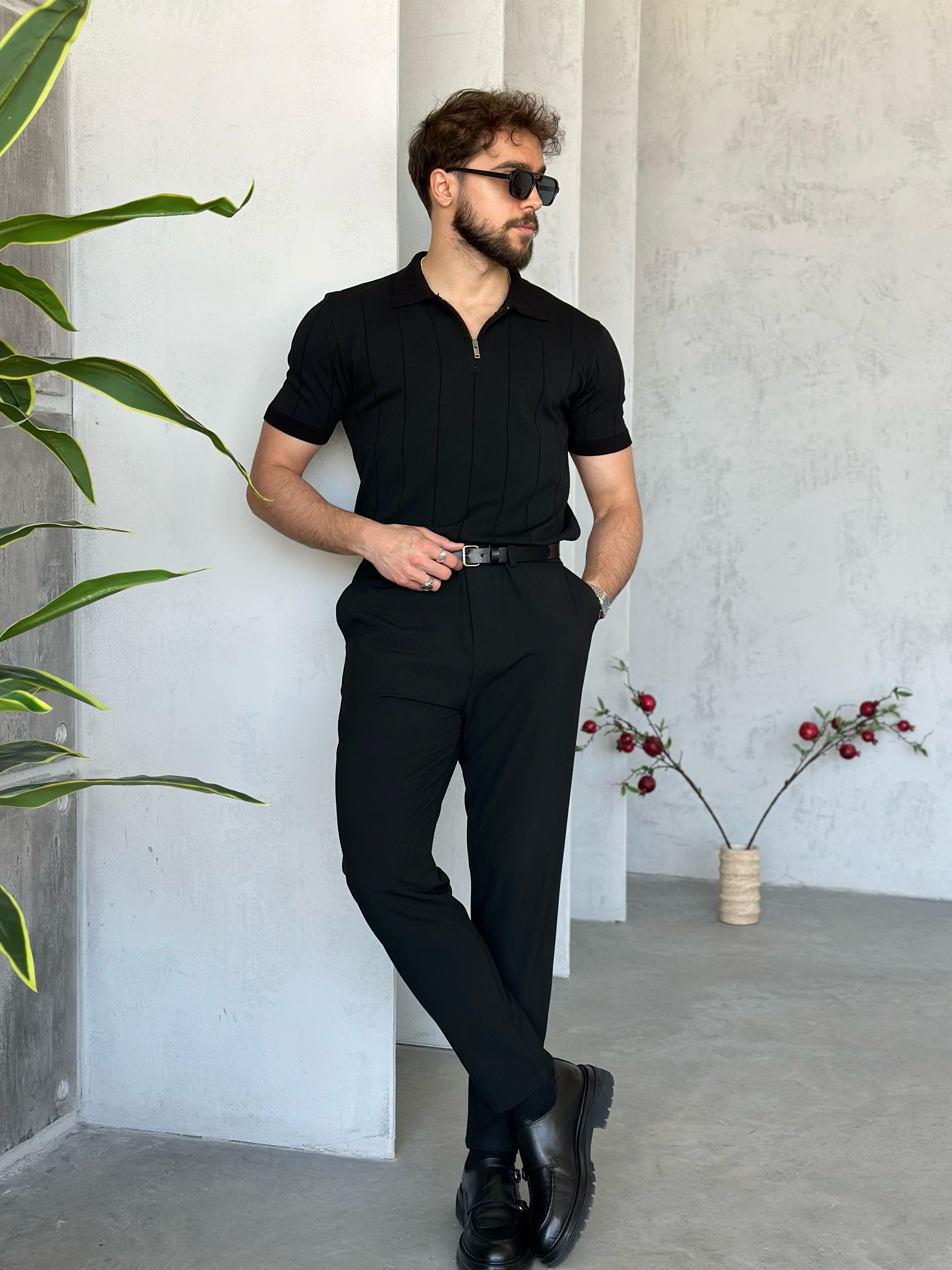 TR1300 Çizgili polo yaka triko Siyah