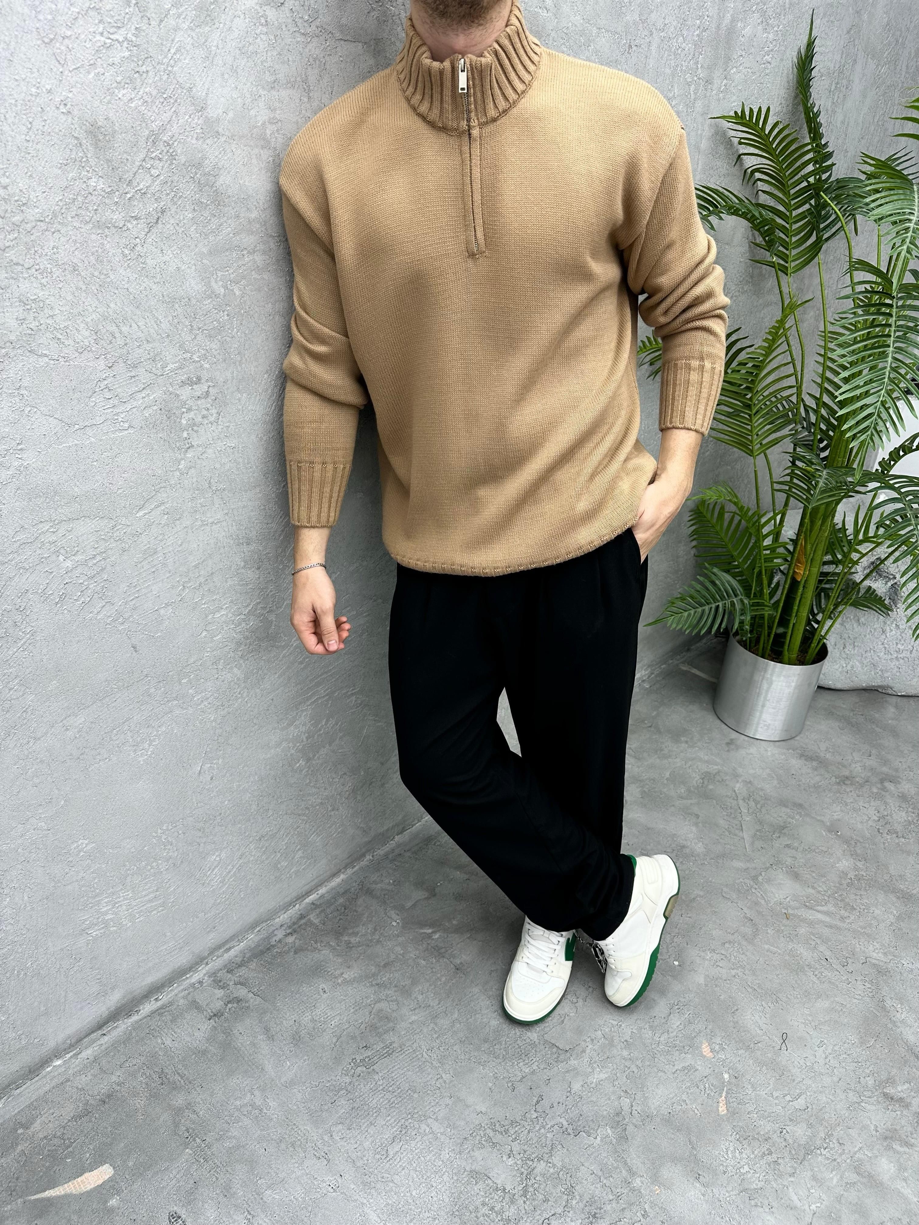 TR1056 YARIM FERMUARLI ÖRME TRİKO CAPPUCHINO