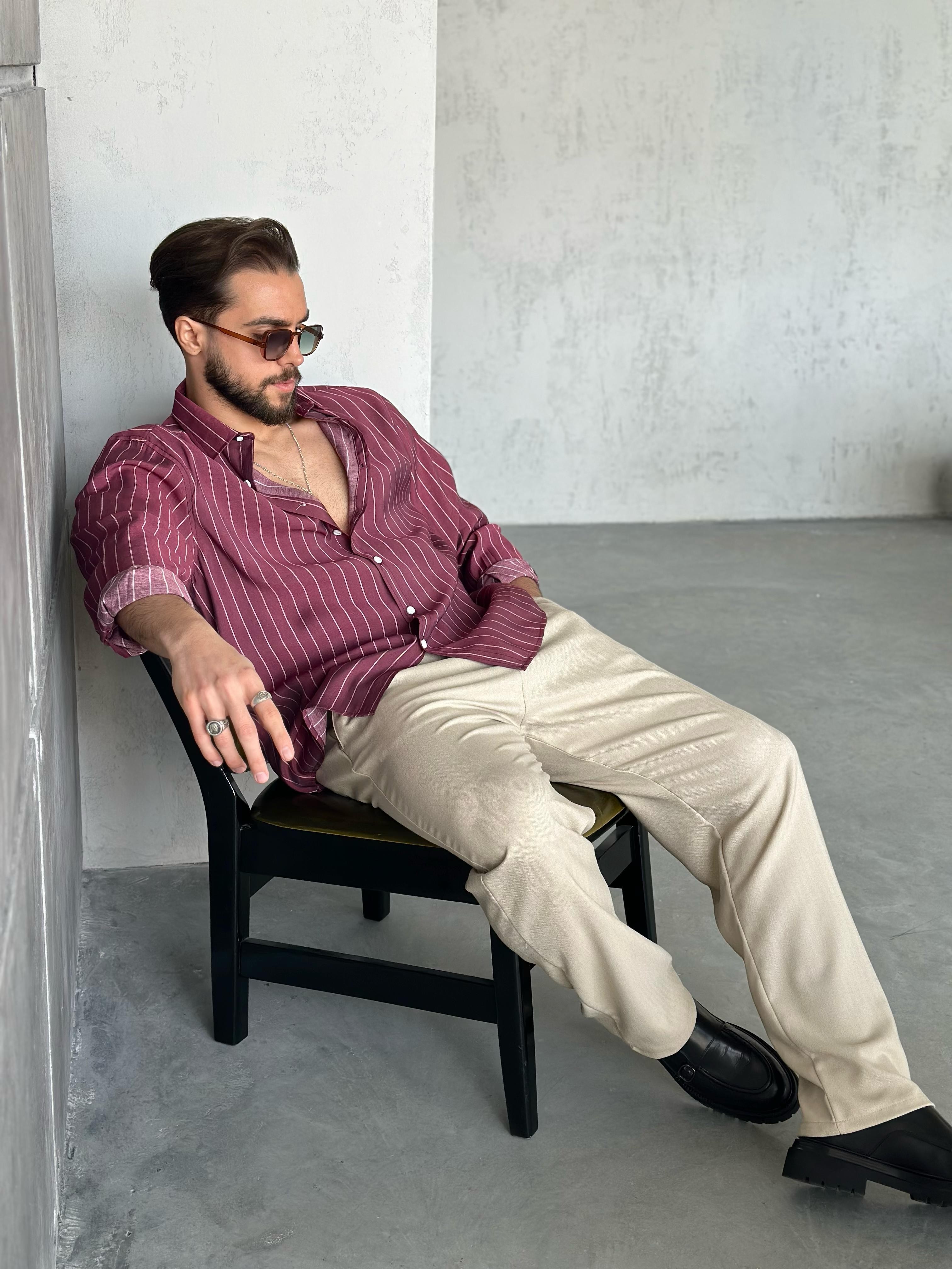 Oversize Çizgili Modal Gömlek Bordo