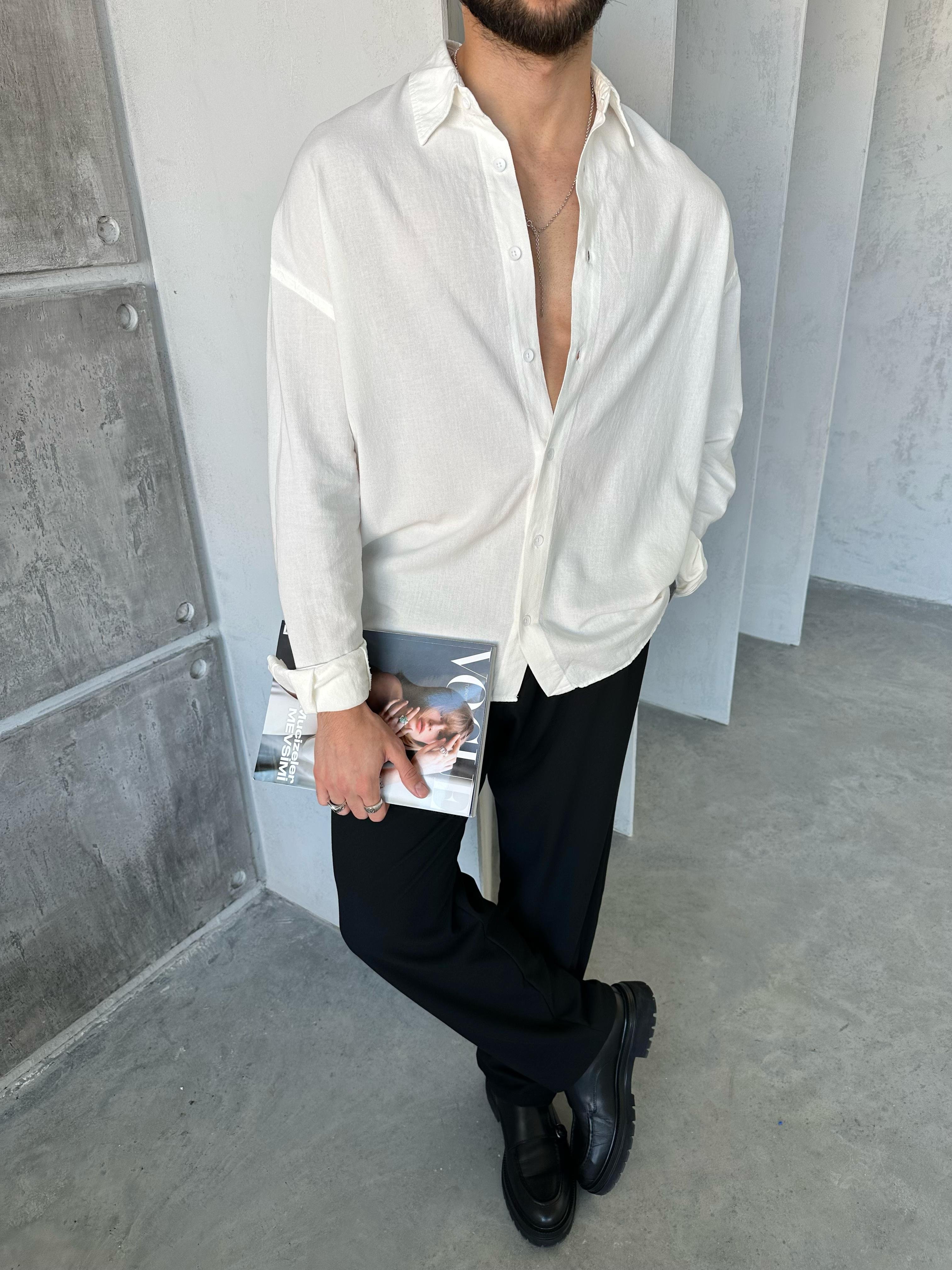 Gies Kumaş Oversize Keten Gömlek Beyaz