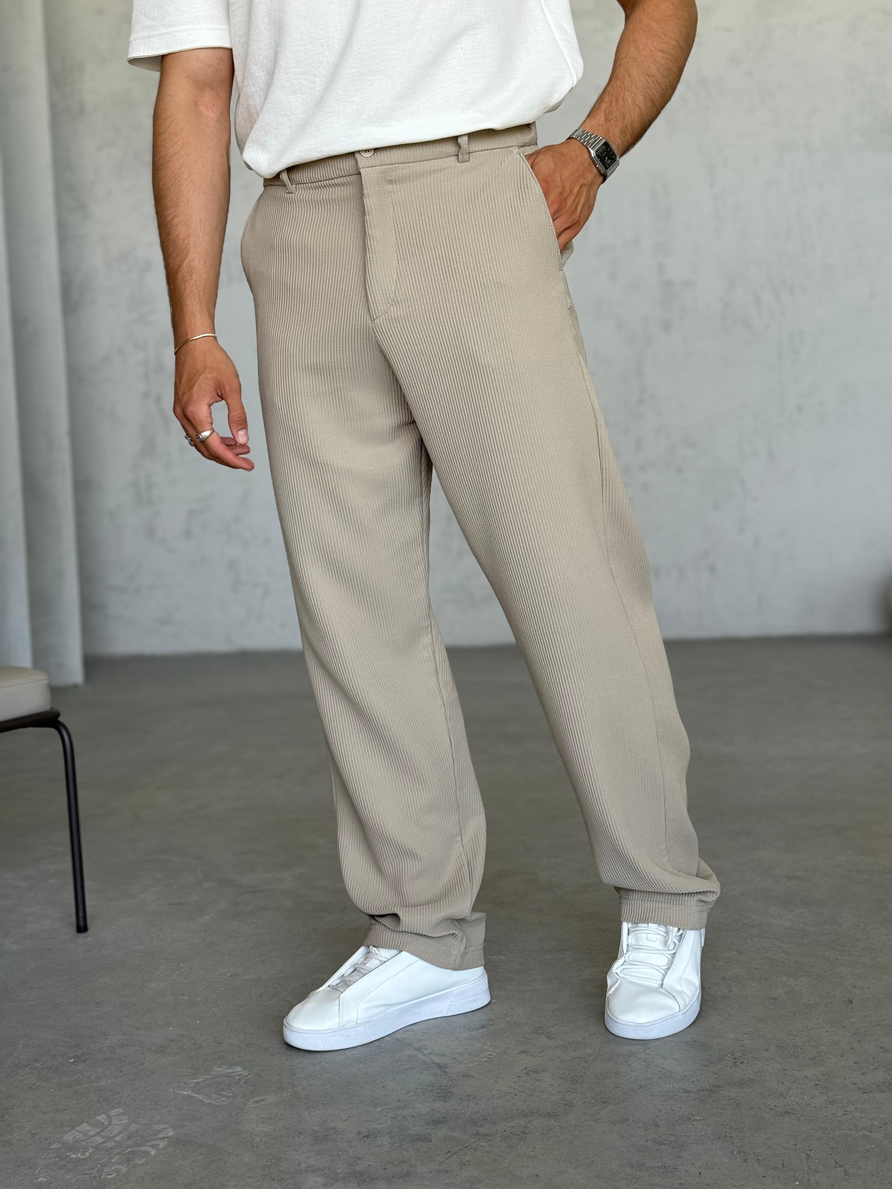 KM50733 Fitilli Baggy Kumaş Pantolon Krem