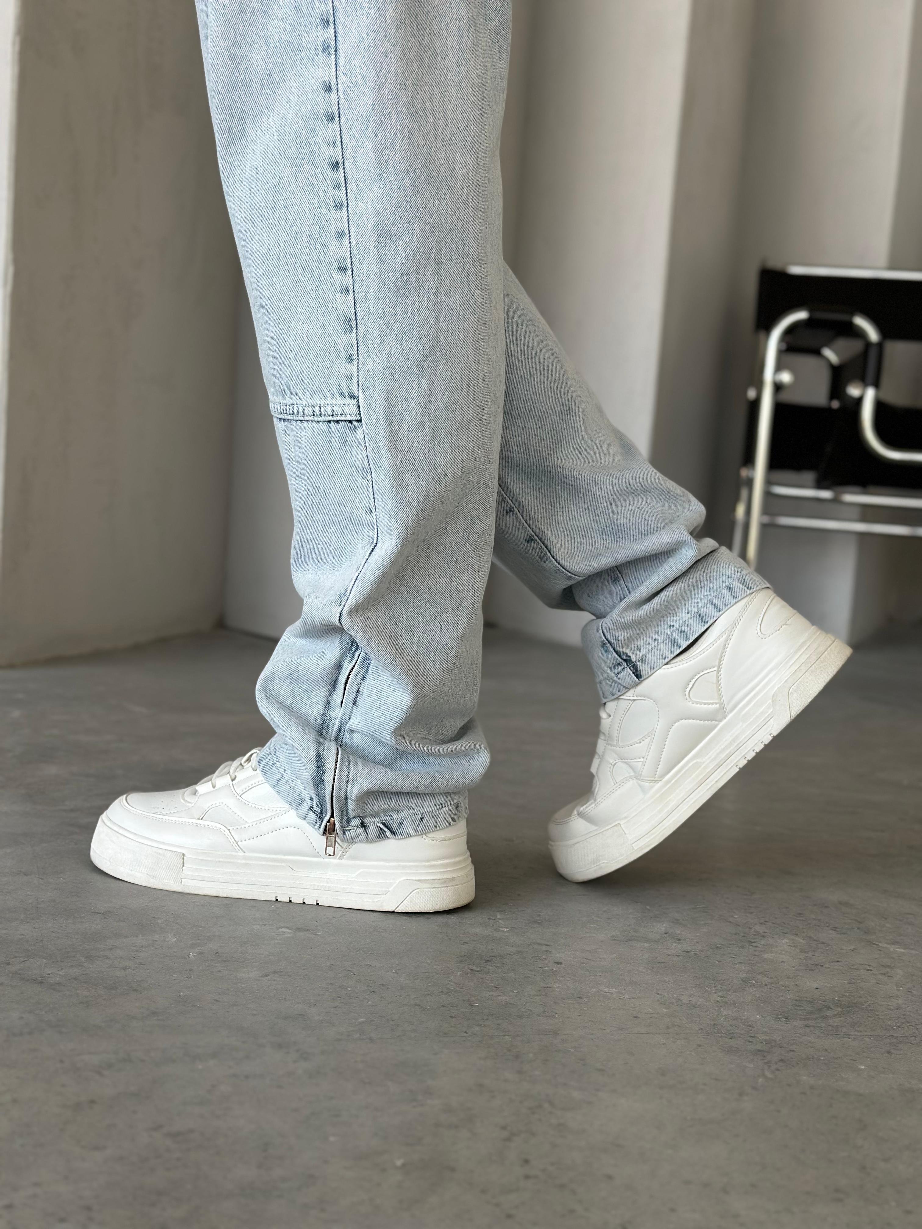P527 Yıkamalı Mavi Modern Tasarım Paça Fermuar Detaylı Baggy Pantolon - W
