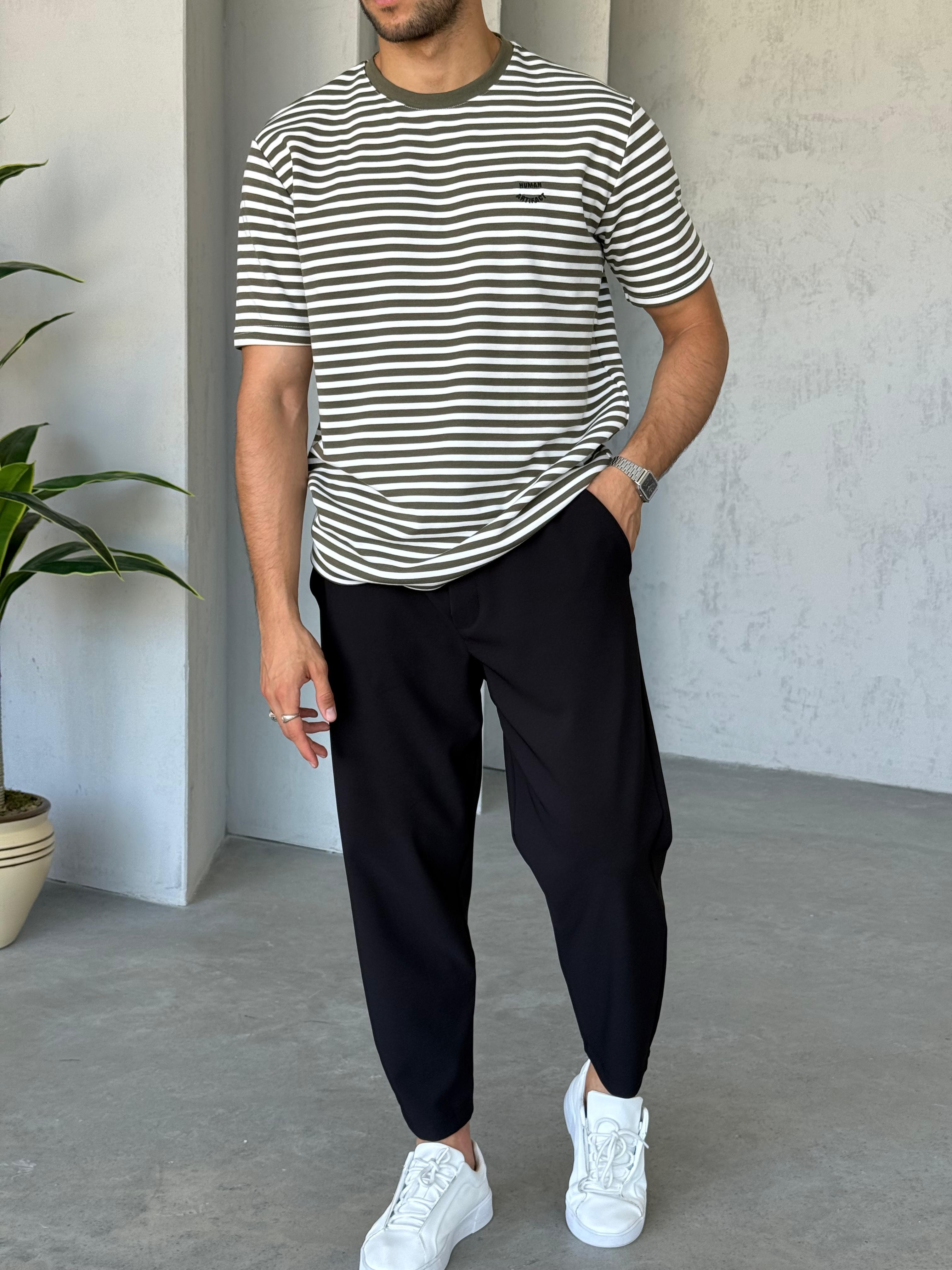 T2526 Çizgili Nakış Detay T-shirt Yeşil-Beyaz