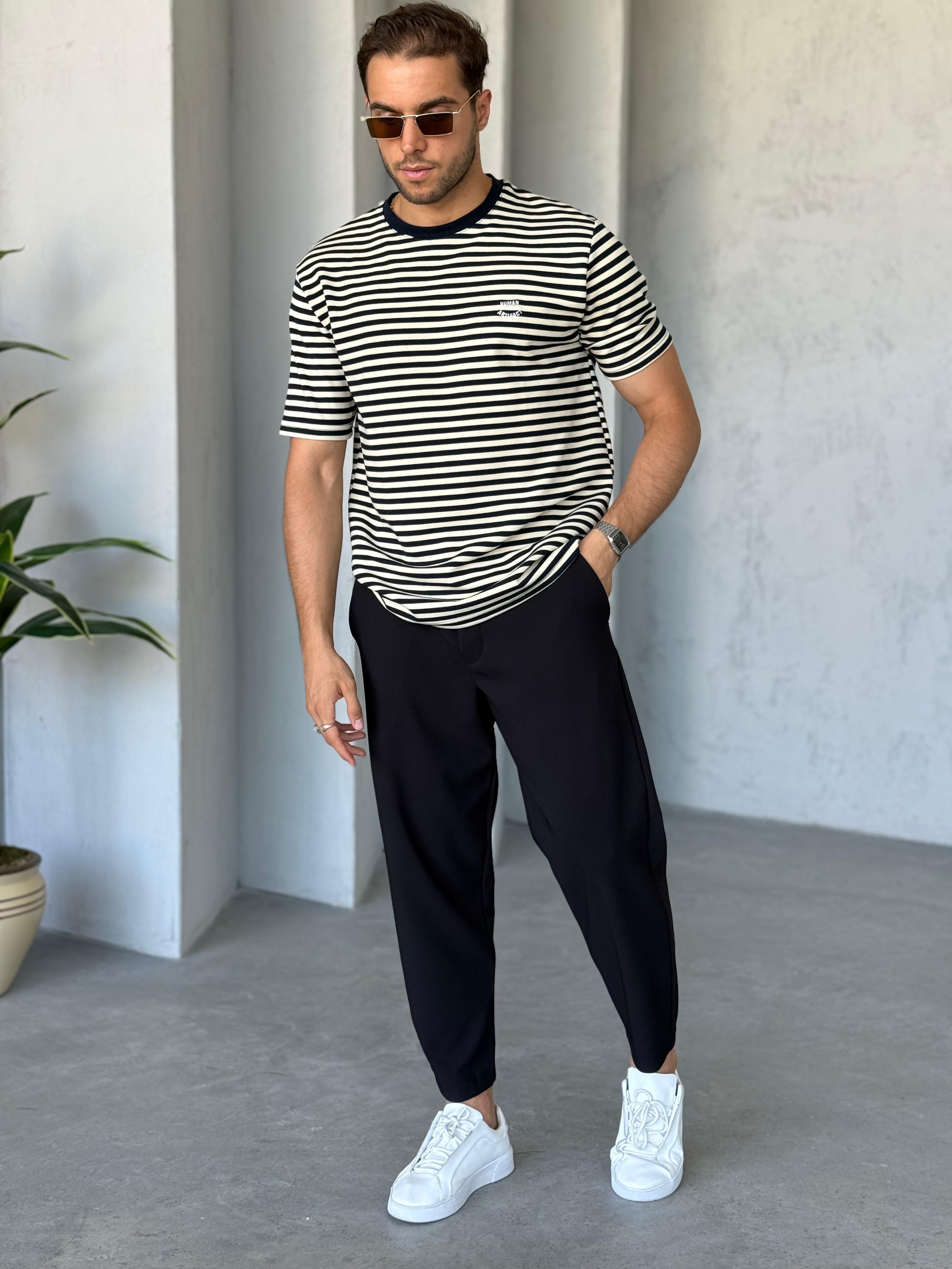 T2525 Çizgili Nakış Detay T-shirt Lacivert-Beyaz