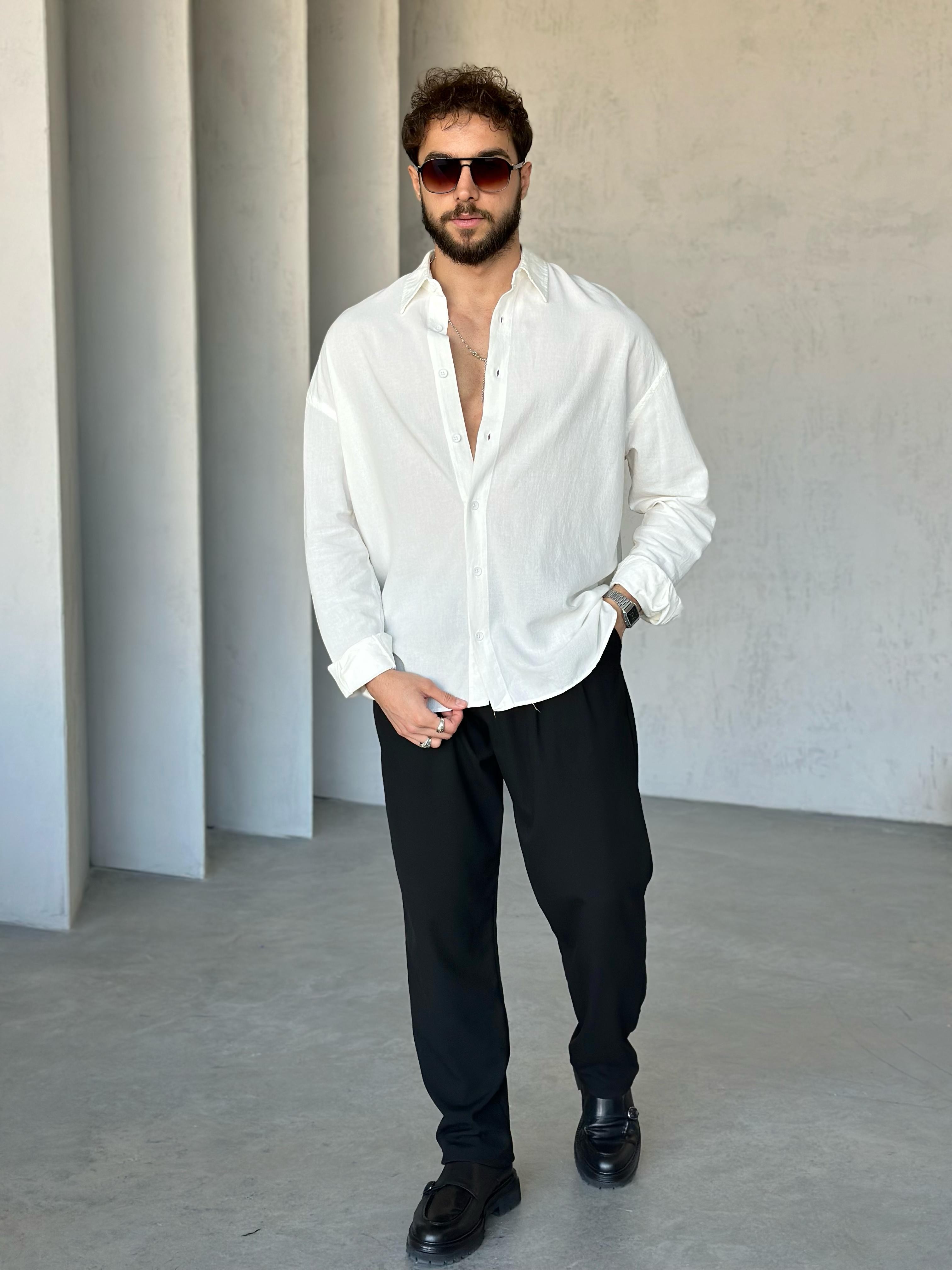 Gies Kumaş Oversize Keten Gömlek Beyaz