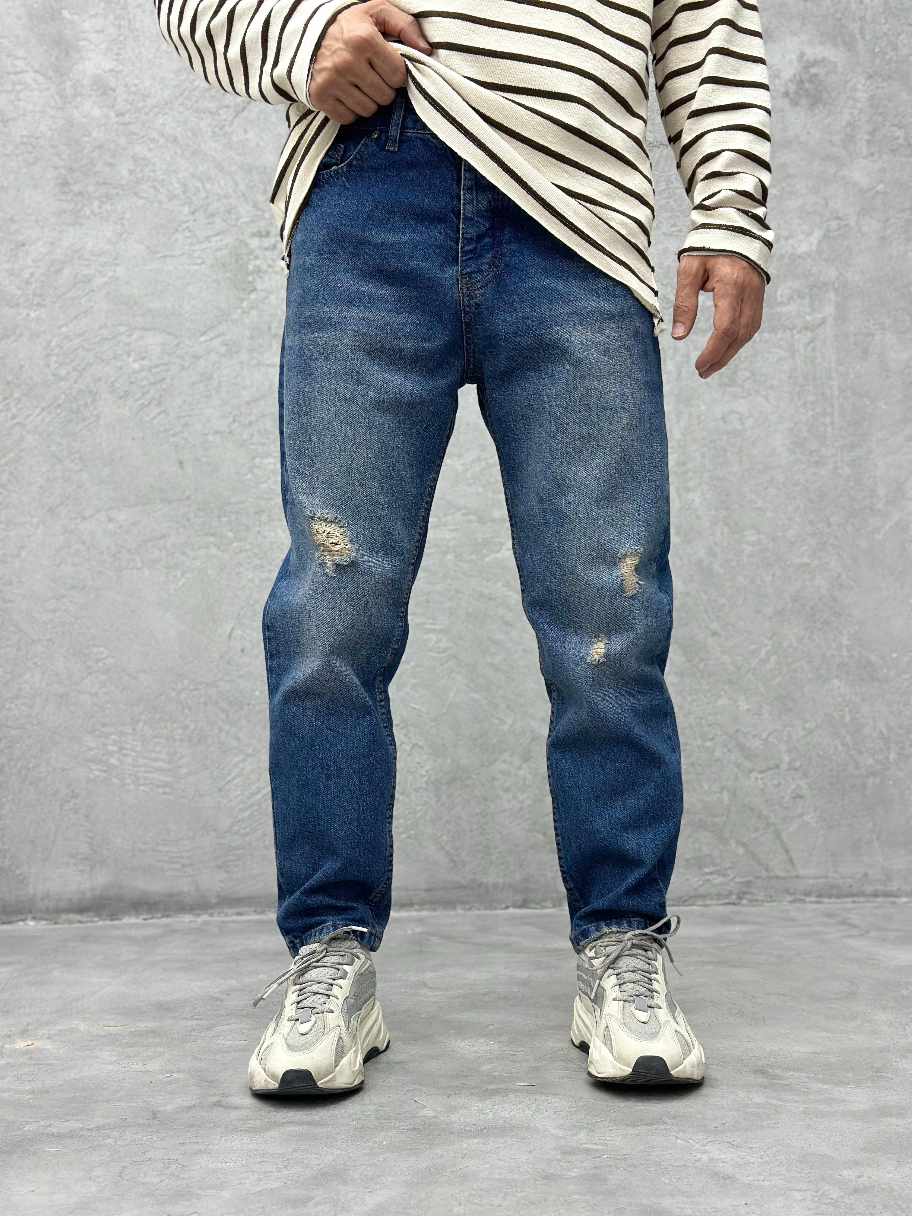 P411 Mavi Yırtıklı Boyfriend Pantolon -K