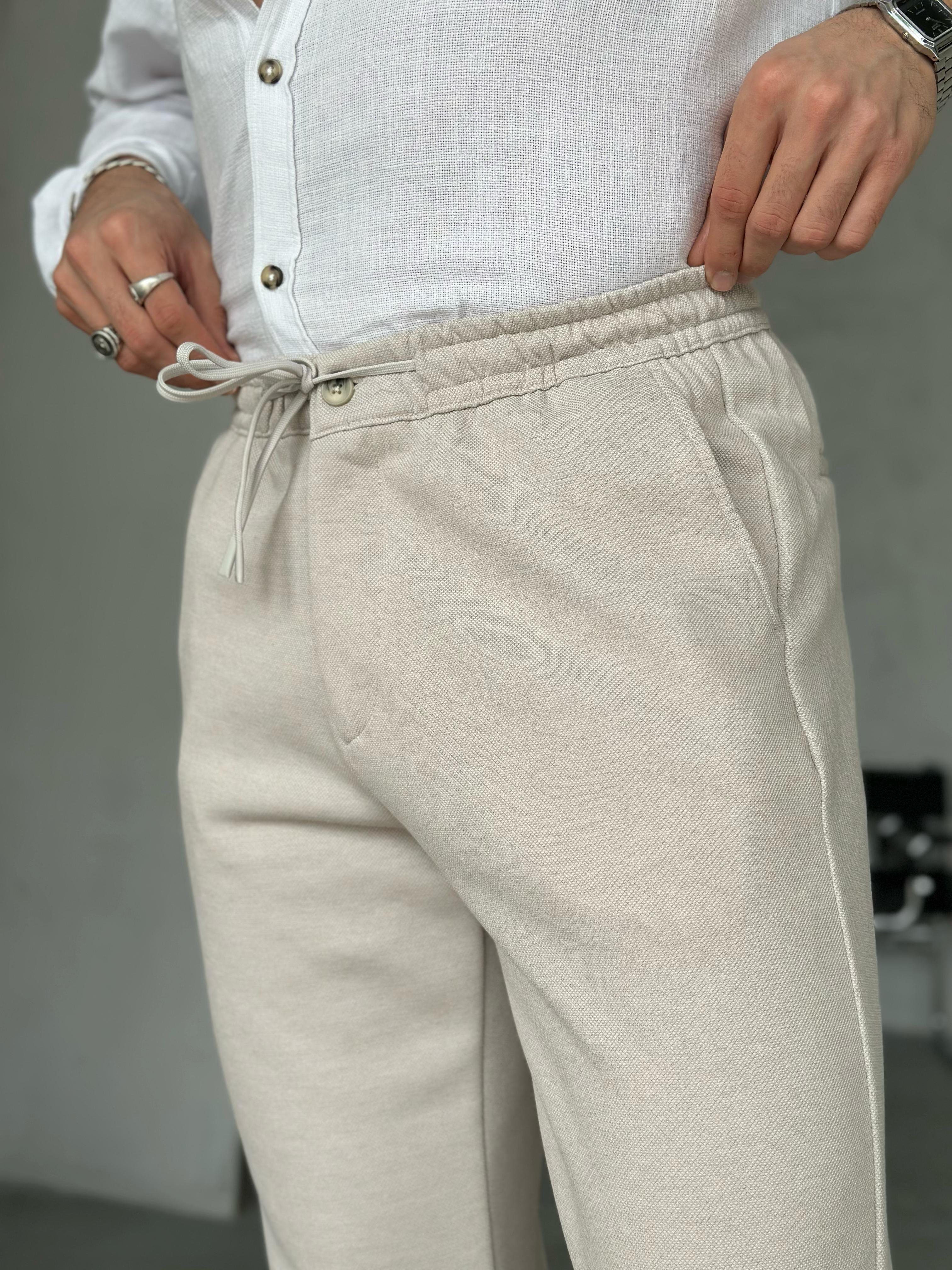 KM50360 Örme Slim jogger pantolon Krem - W