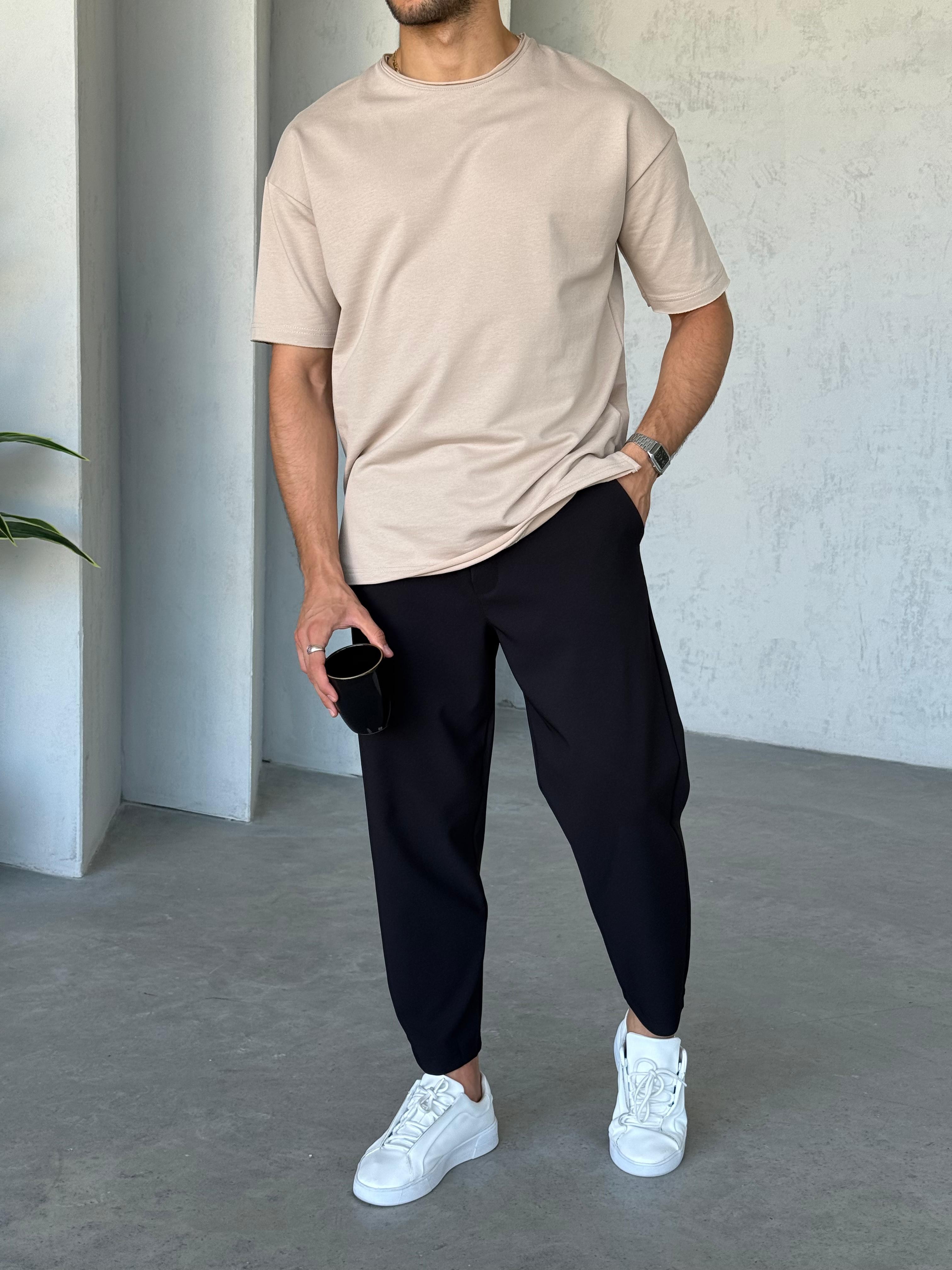 T6662 Yan Yırtmaçlı Oversize T-shirt Bej