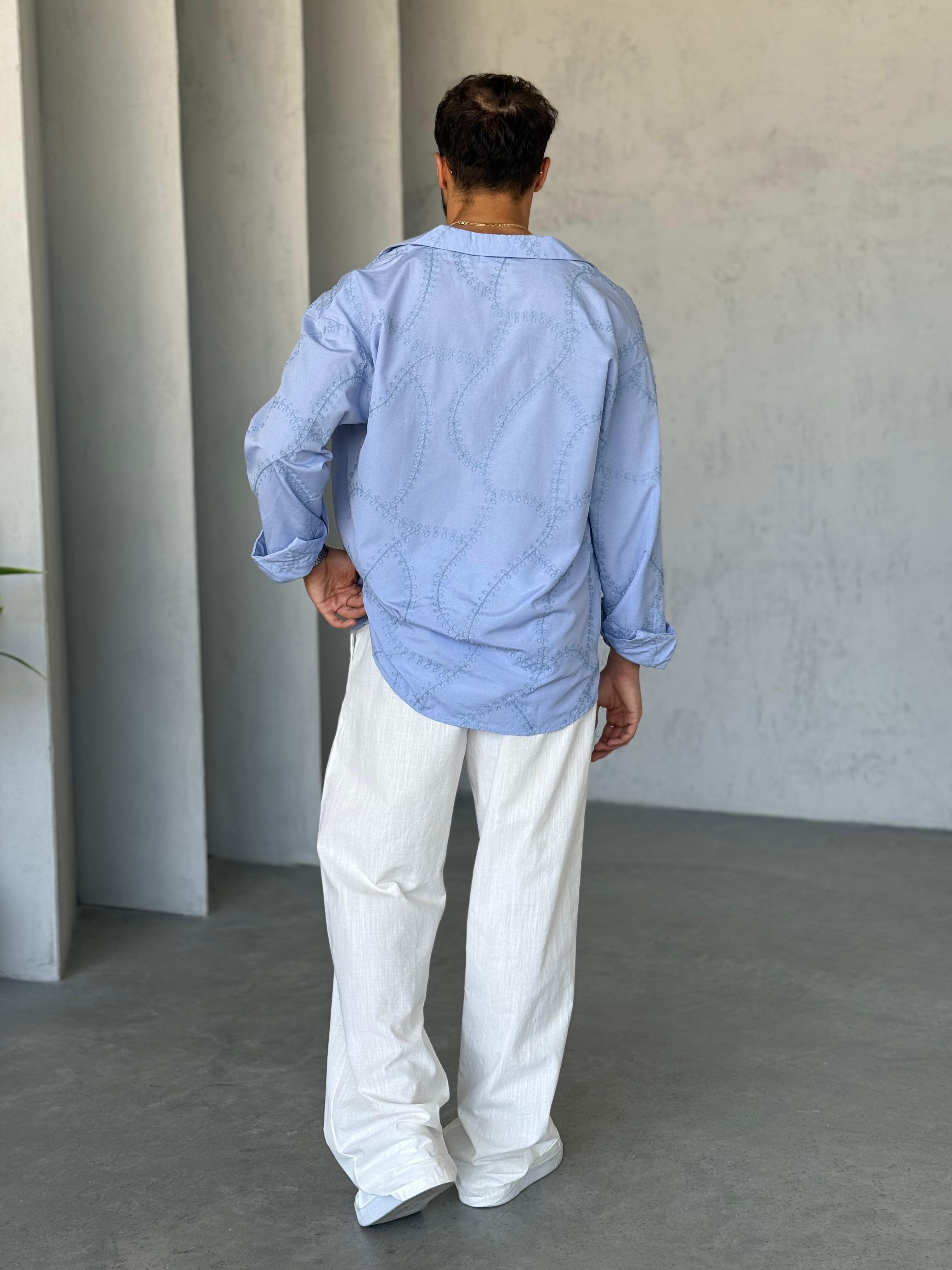 GM1093 Nakış Detaylı Oversize Gömlek Bebe Mavi