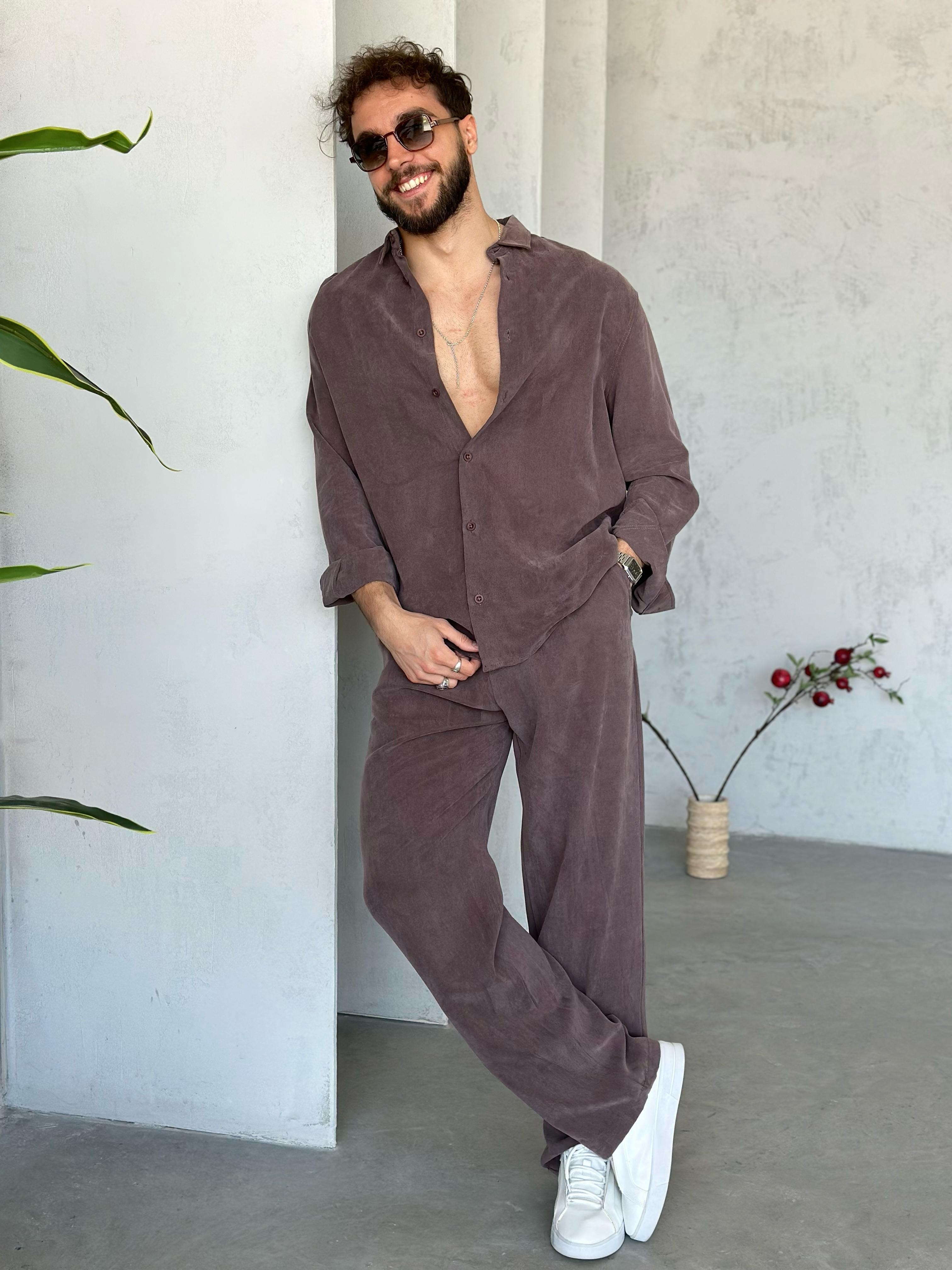 TK220 YIKAMALI PİLELİ PANTOLON TENSEL KUMAŞ TAKIM KAHVE
