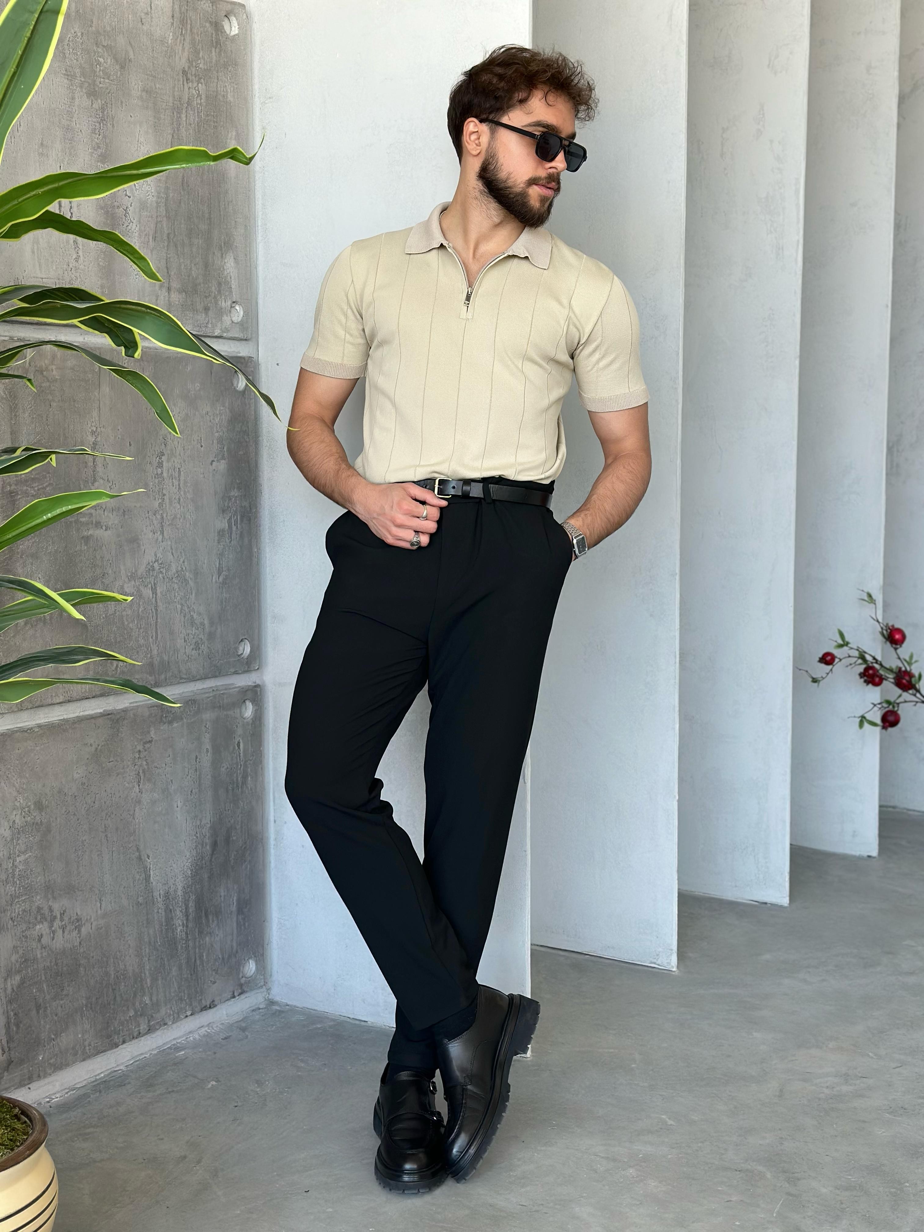 TR1302 Çizgili polo yaka triko Bej