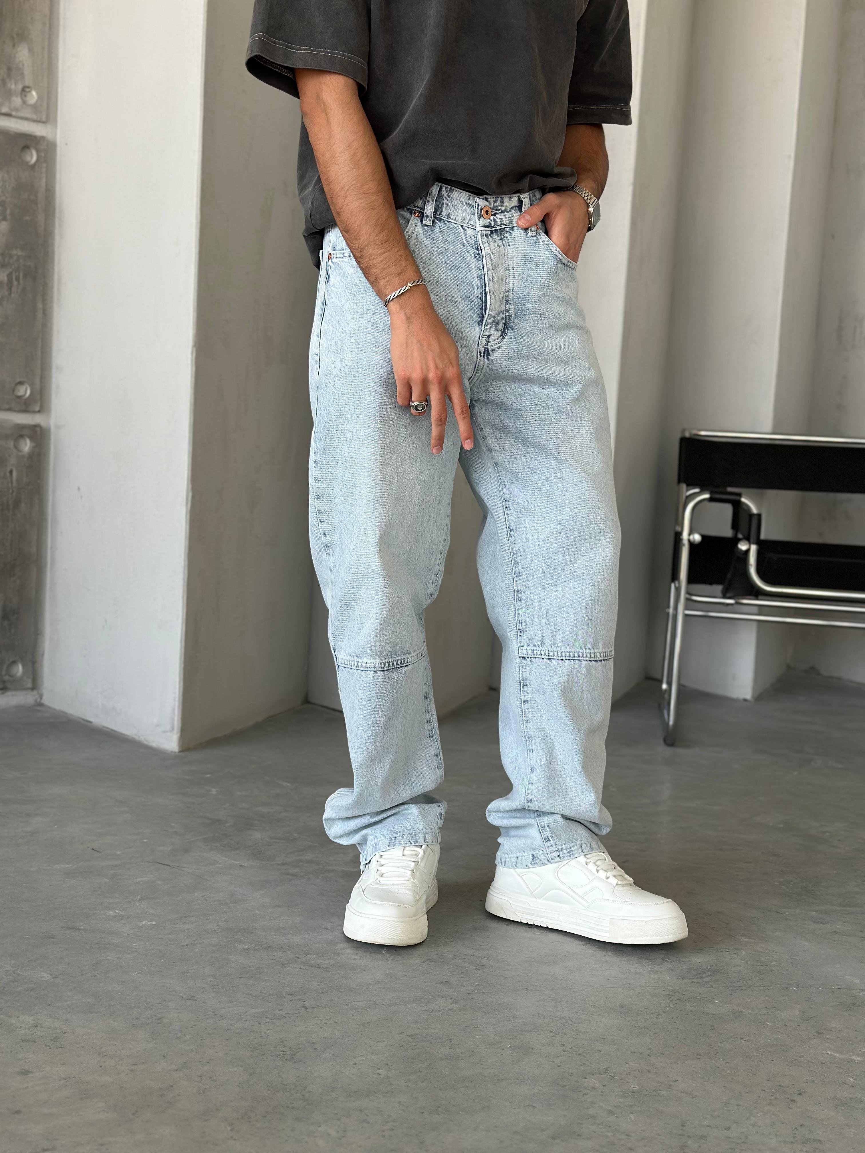 P527 Yıkamalı Mavi Modern Tasarım Paça Fermuar Detaylı Baggy Pantolon - W