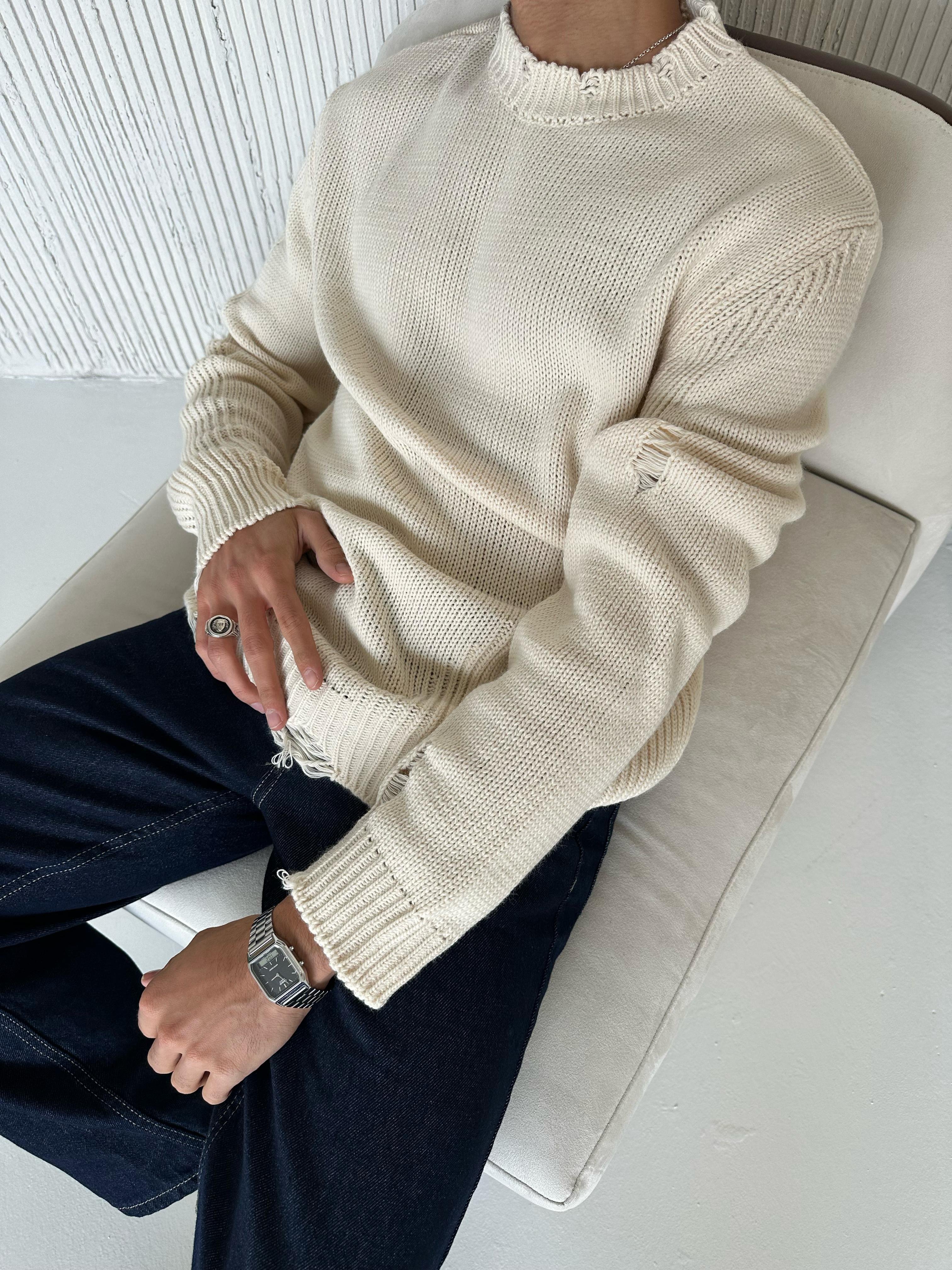 TR1033 OVERSIZE YIRTIK DETAYLI TRİKO KREM